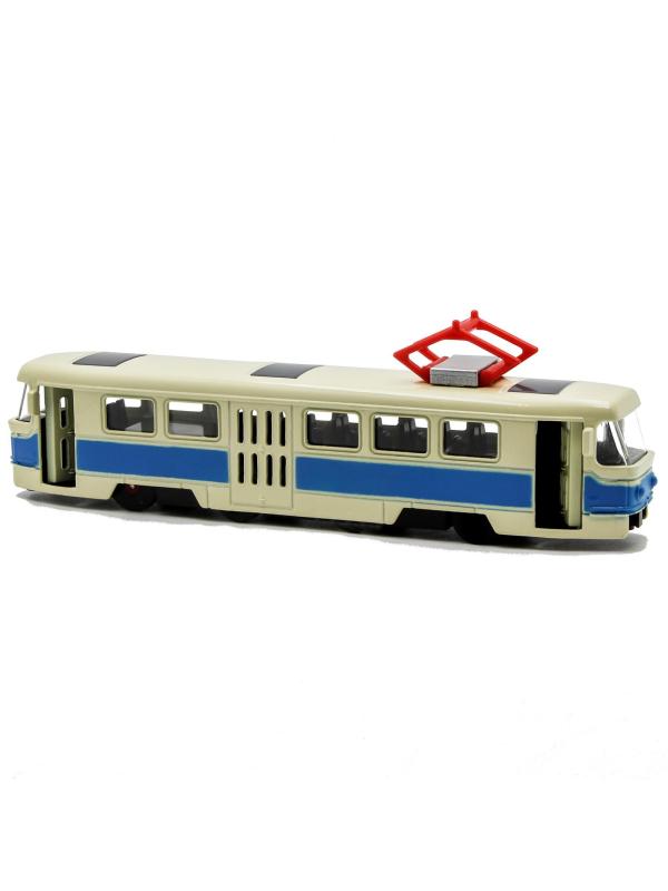 Металлический трамвай 1:87 «Tatra T3SU» XL80188-6L, 18,5 см., инерционный, звук, свет / Голубой