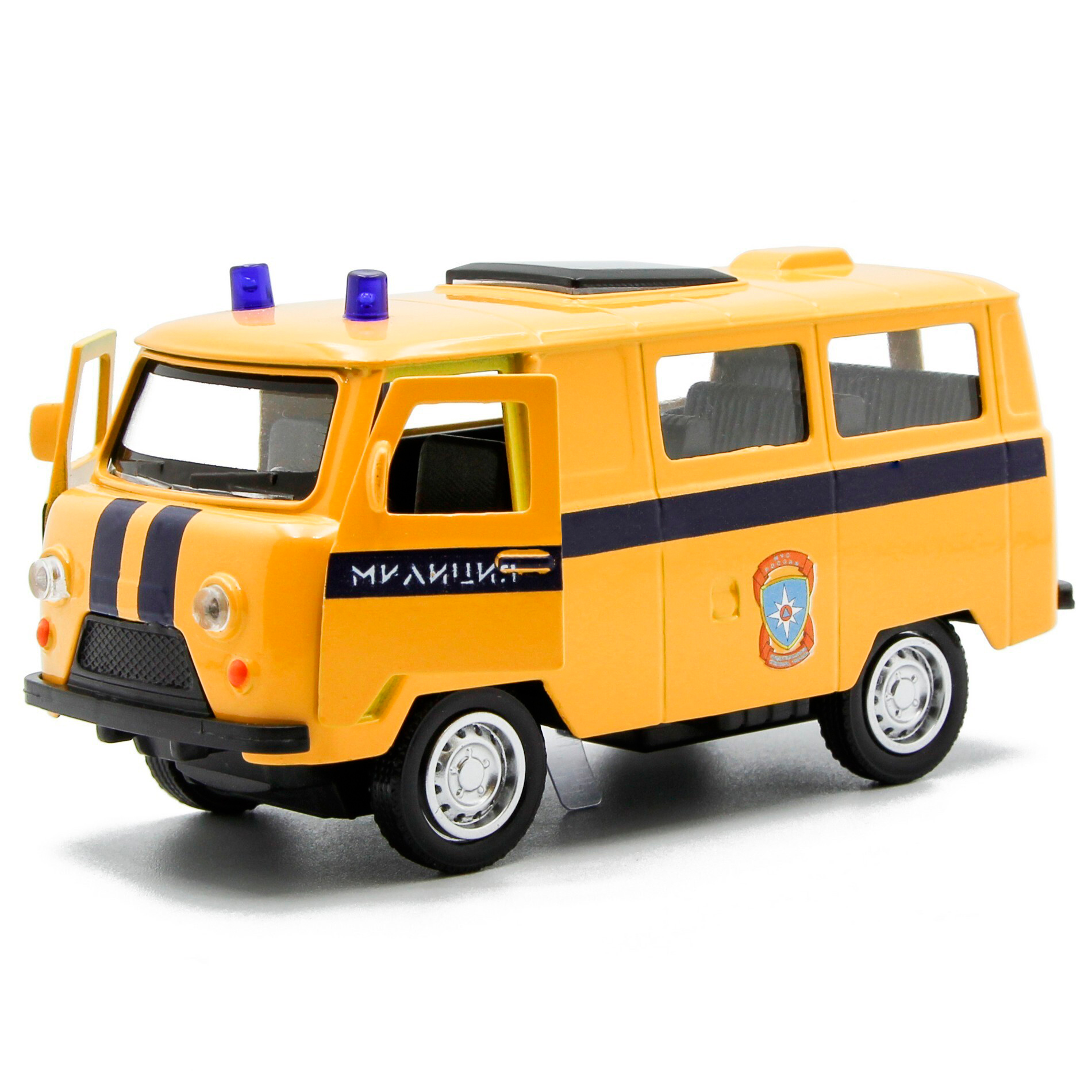 Металлическая машинка 1:32 «Микроавтобус УАЗ Буханка 39625: Служебный» 12 см. 189P-12D, инерционная, свет, звук / Милиция