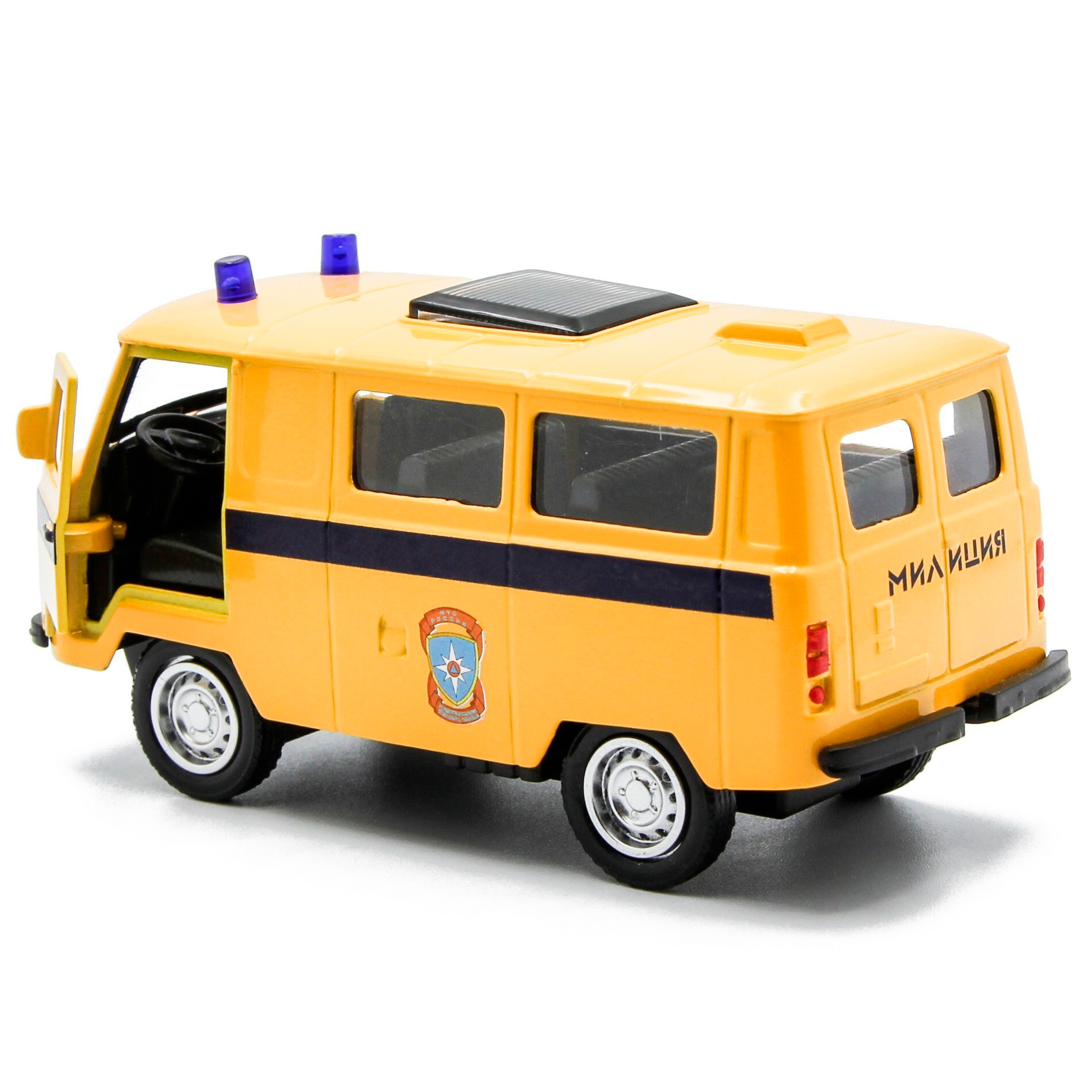 Металлическая машинка 1:32 «Микроавтобус УАЗ Буханка 39625: Служебный» 12 см. 189P-12D, инерционная, свет, звук / Милиция