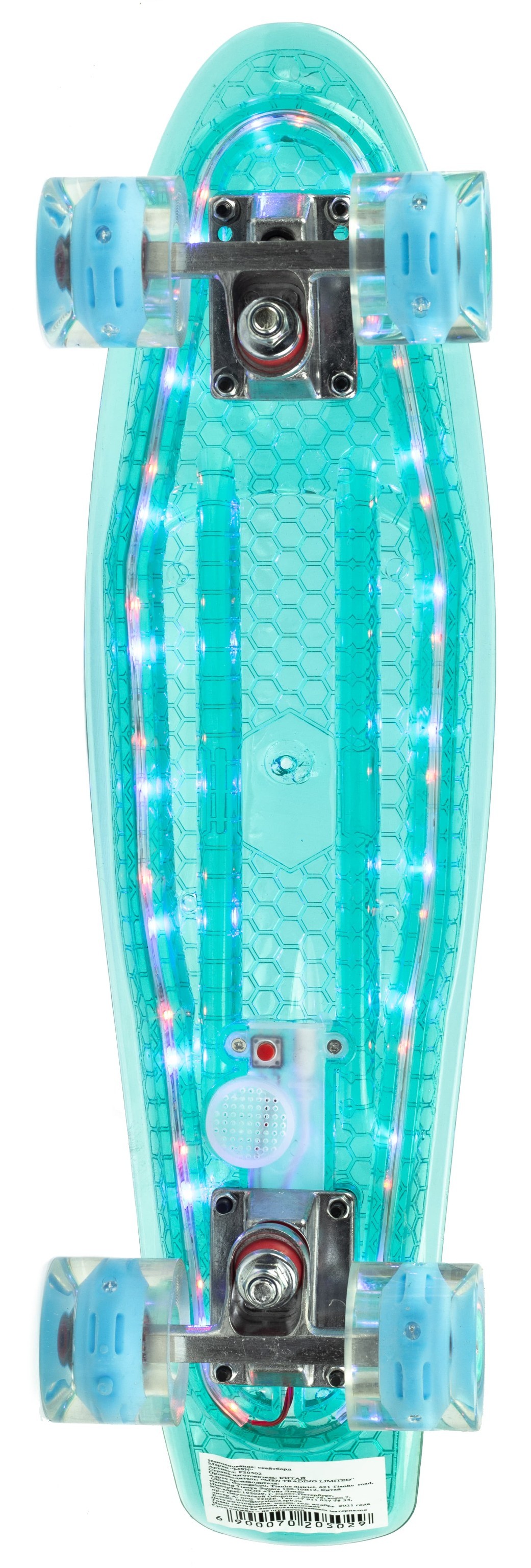 Пенни Борд со светящейся декой и колесами, прозрачный, 55 см. F20502 / Бирюзовый