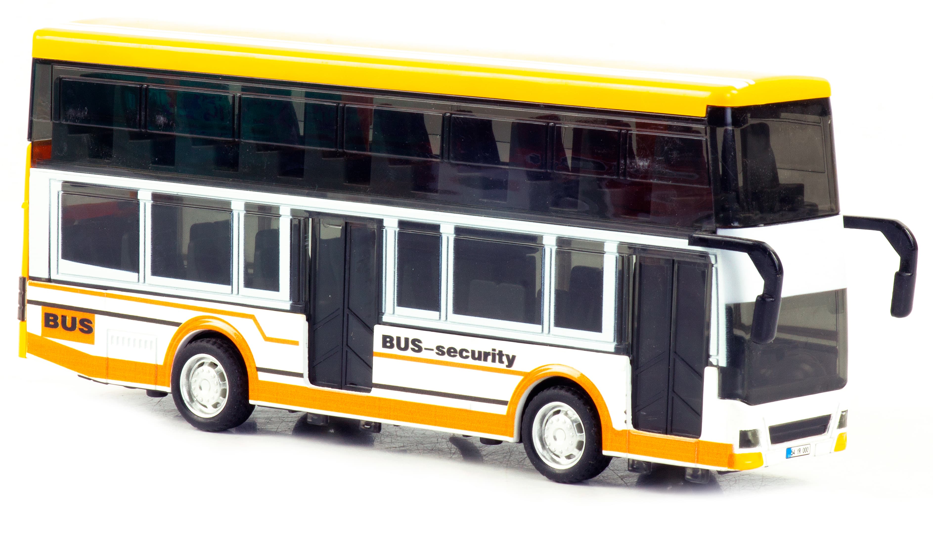 Металлический двухэтажный автобус Yeading 1:48 «BUS-Security» 20 см. 6632А инерционный, свет, звук / Желтый