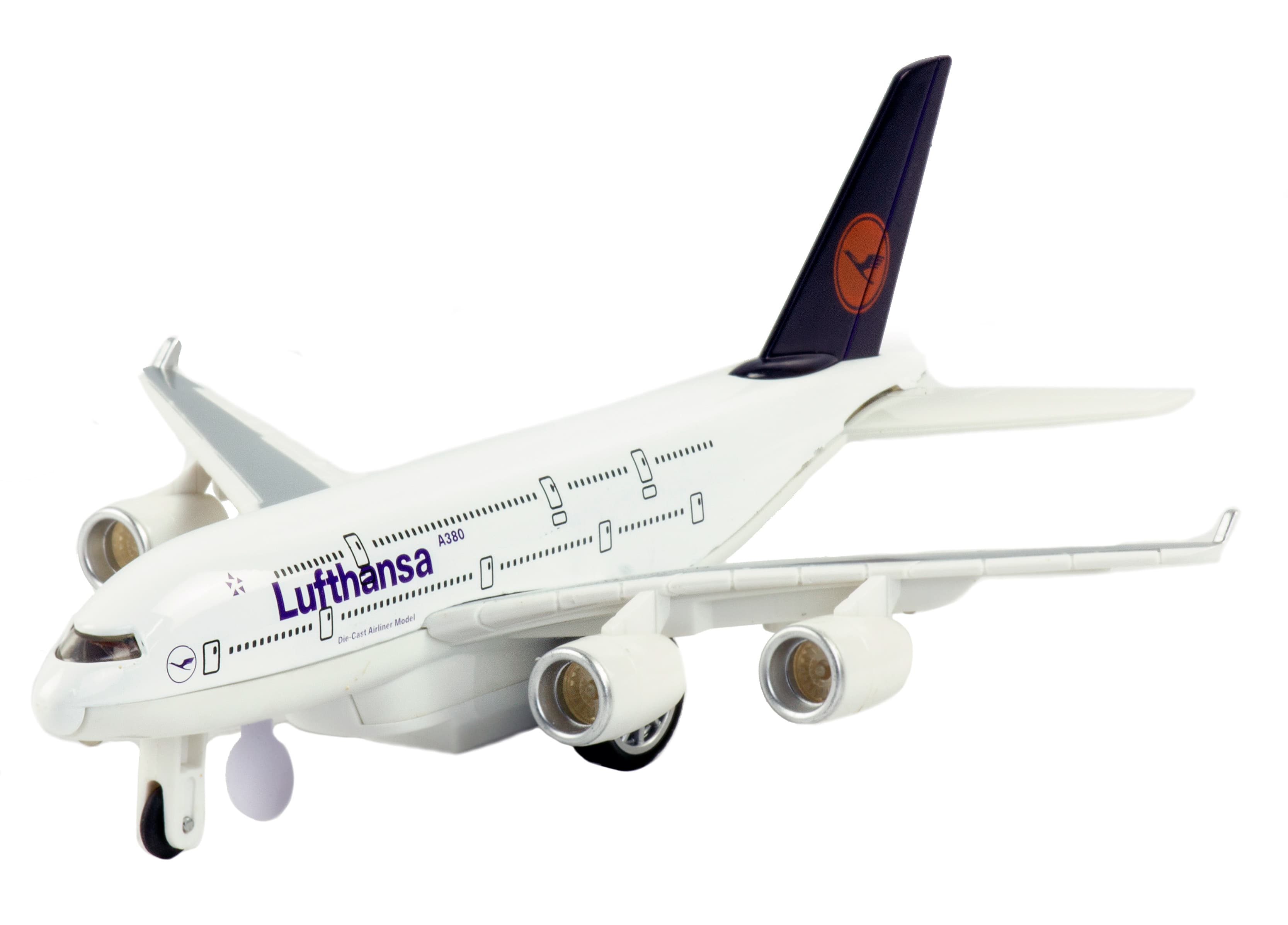 Металлический самолет 1:270 «AirBus A380» A380, 22 см., инерционный свет, звук / Бело-черный