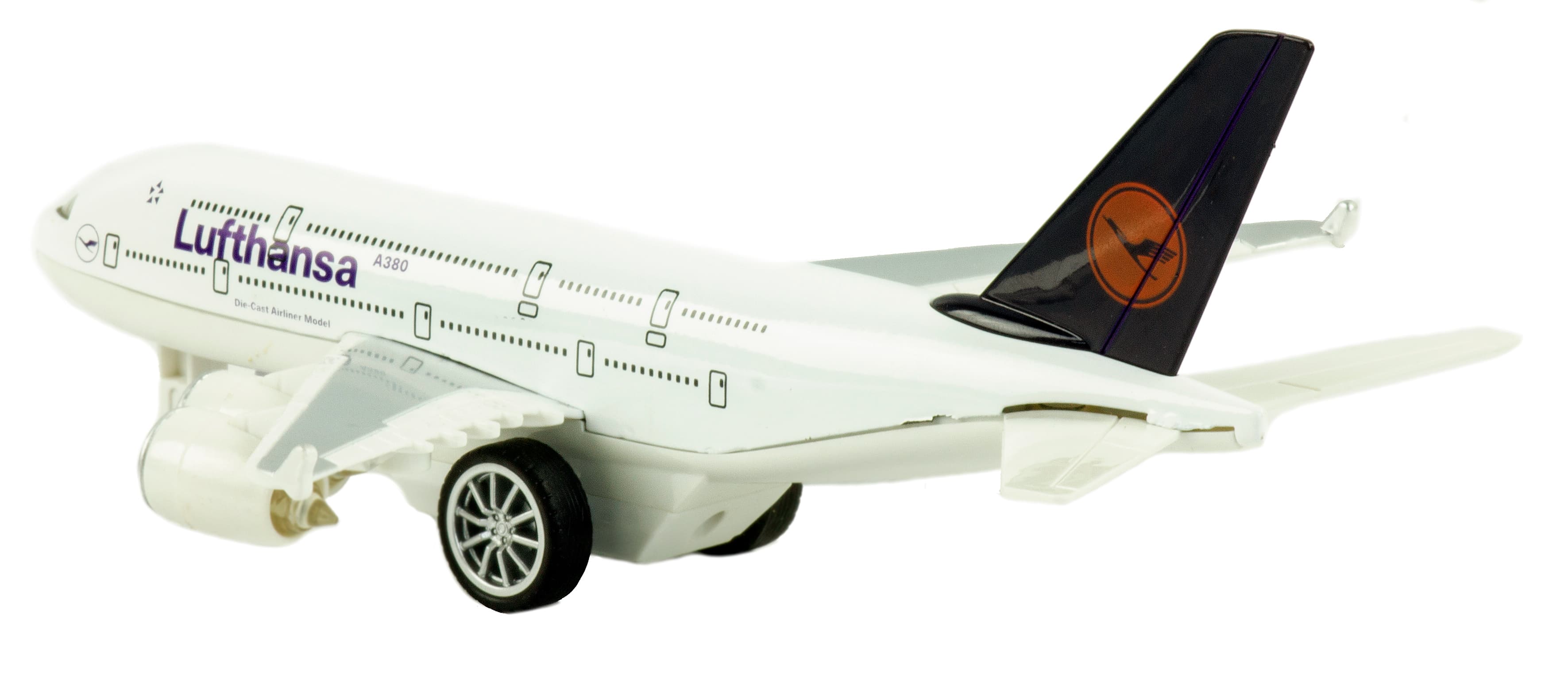 Металлический самолет 1:270 «AirBus A380» A380, 22 см., инерционный свет, звук / Бело-черный