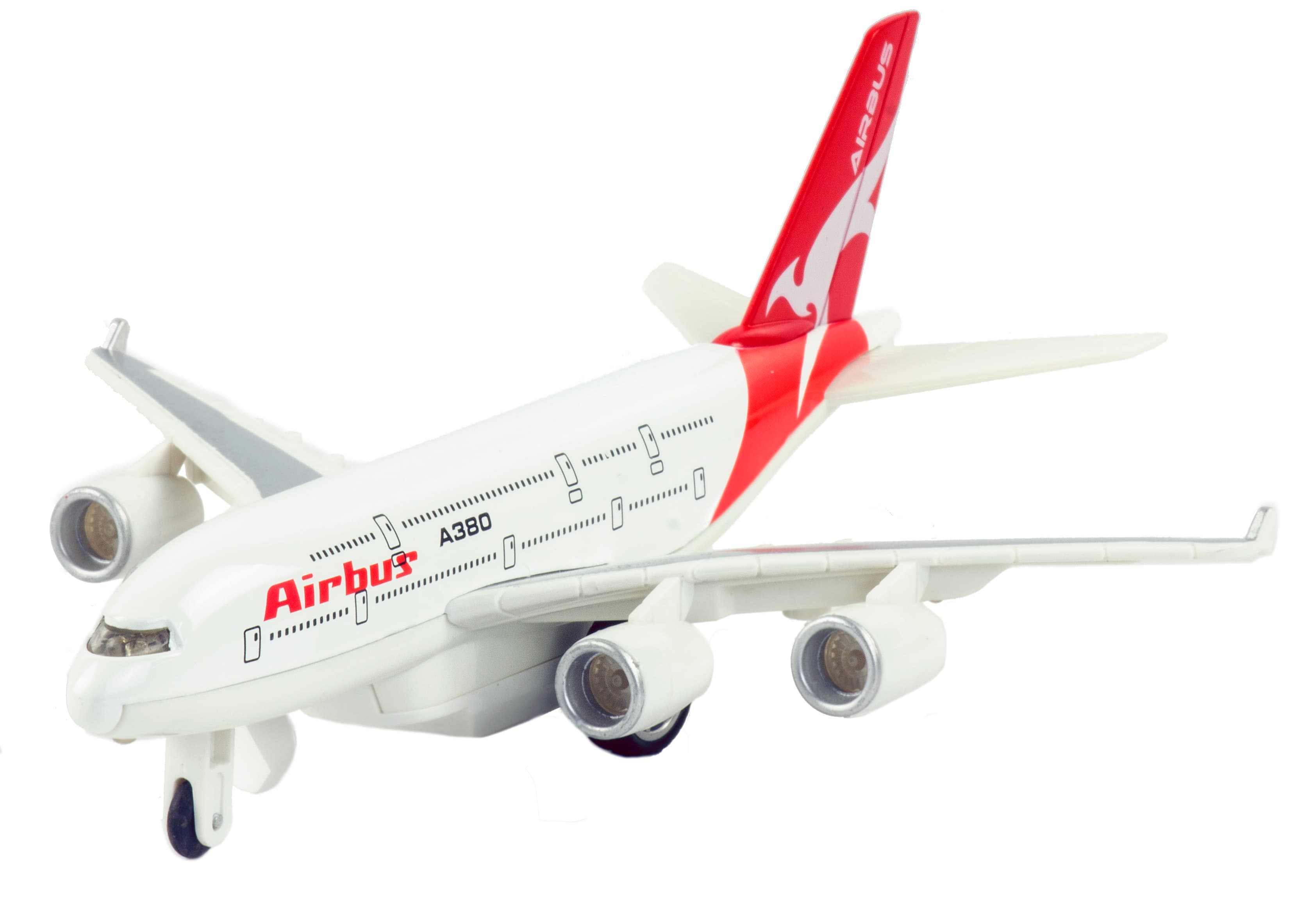 Металлический самолет 1:270 «AirBus A380» A380, 22 см., инерционный свет, звук / Бело-красный