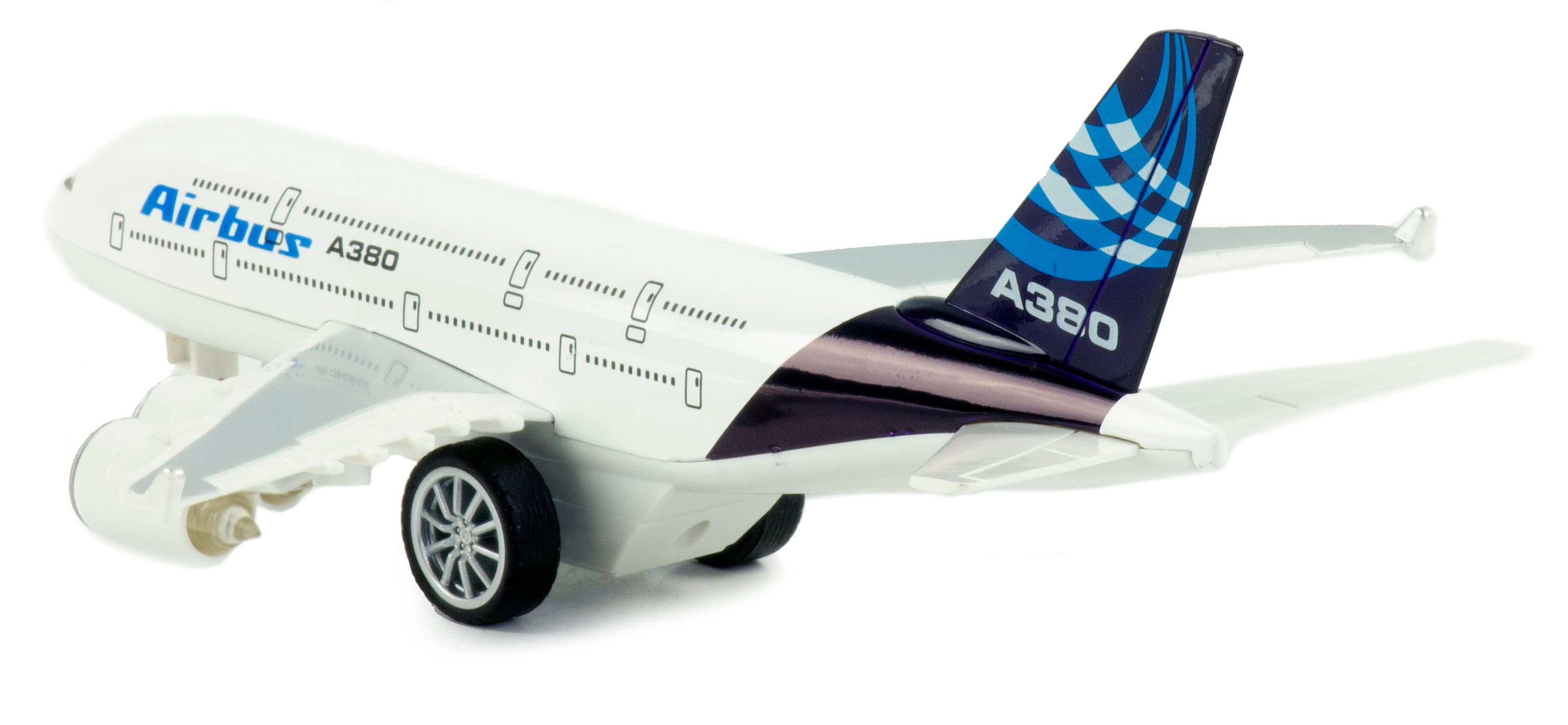 Металлический самолет 1:270 «AirBus A380» 22 см., инерционный свет, звук / Бело-синий