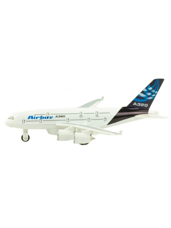 Металлический самолет 1:270 «AirBus A380» 22 см., инерционный свет, звук / Бело-синий