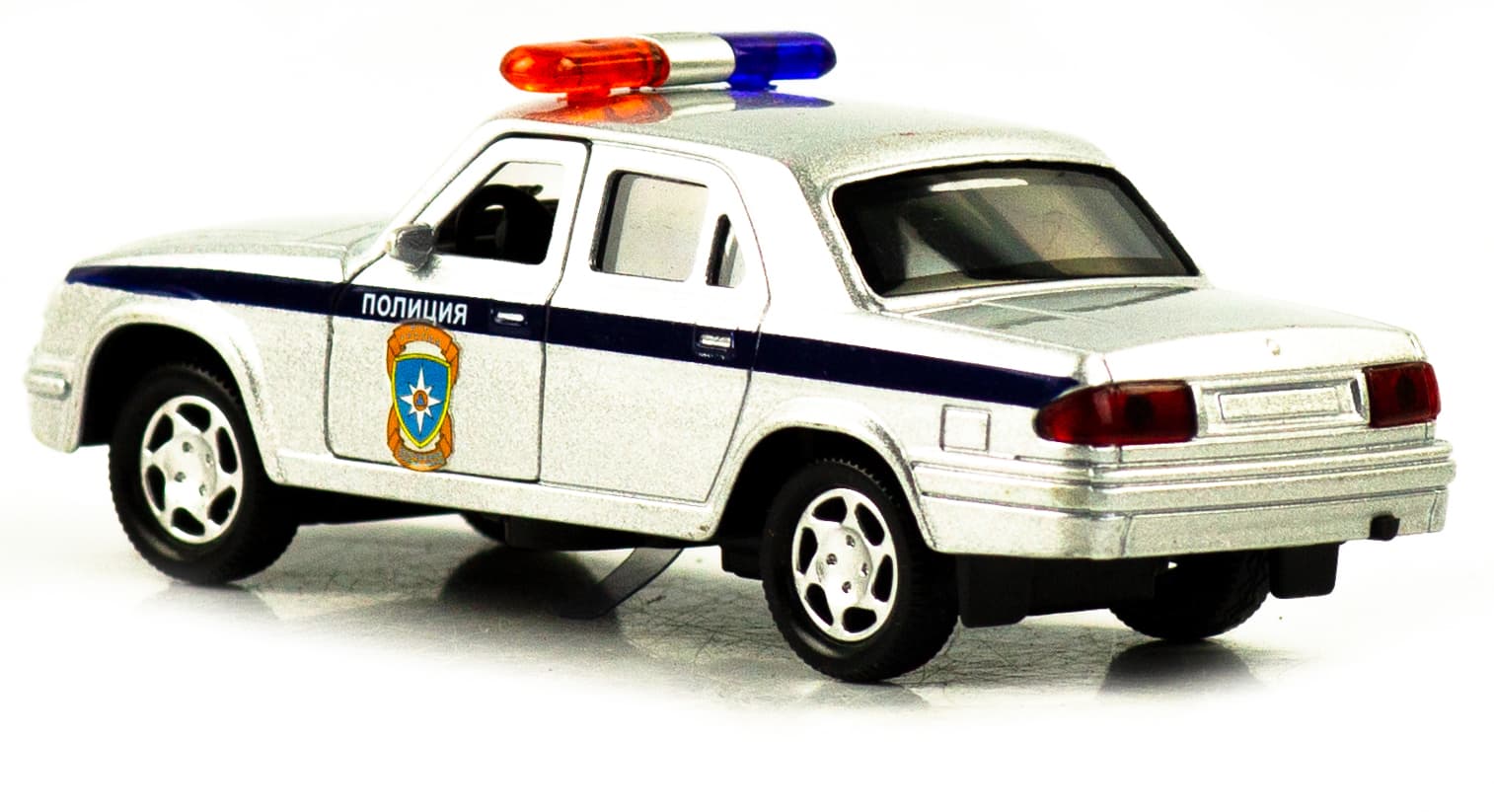 Машинка металлическая 1:32 «31105 Волга: Полиция» 1821P-1822P-12D, инерционная, свет, звук / Серебристый