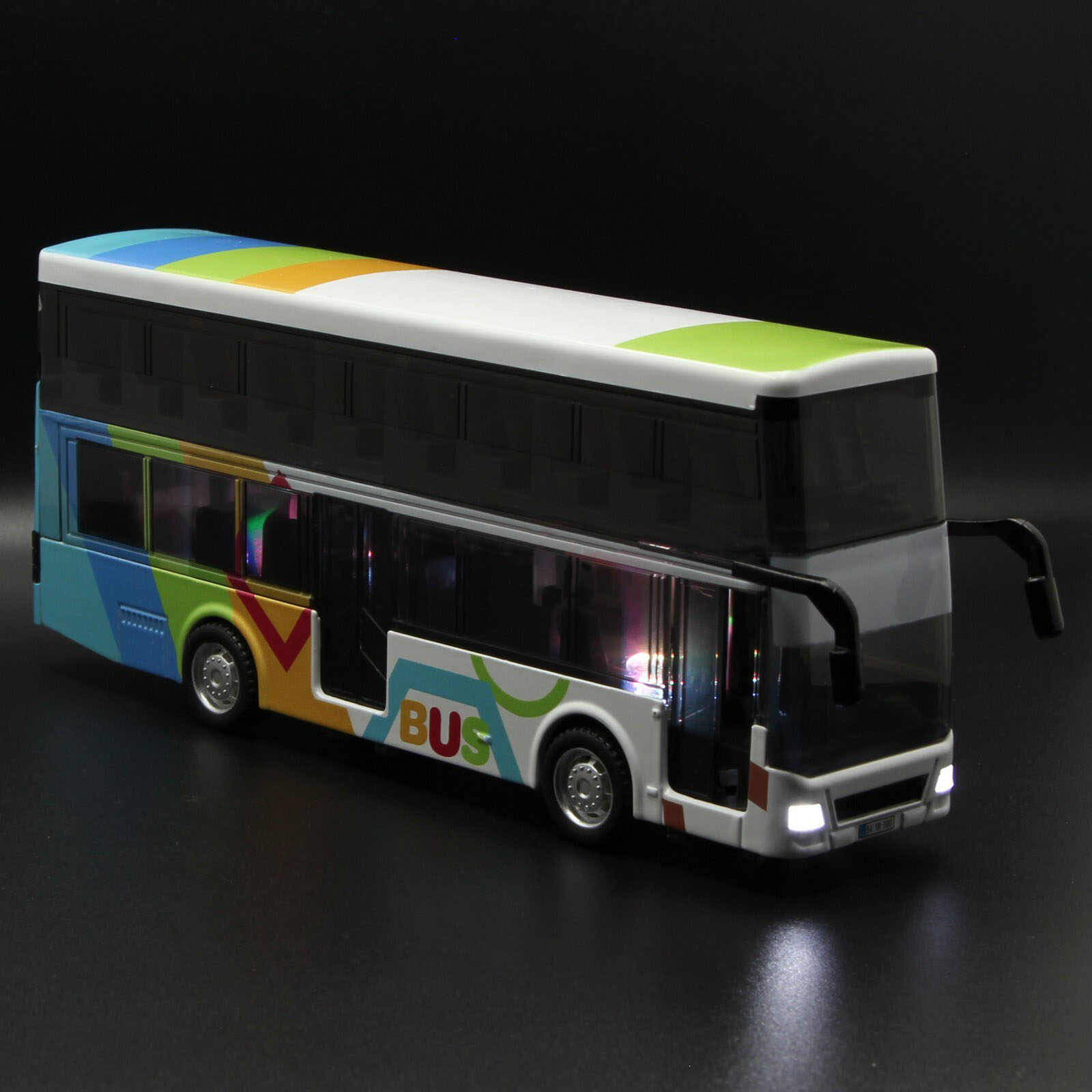 Металлический двухэтажный автобус Yeading 1:48 «Мультфильм BUS» 20 см. 6631А инерционный, свет, звук / Бело-голубой