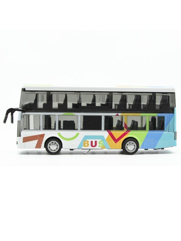 Металлический двухэтажный автобус Yeading 1:48 «Мультфильм BUS» 20 см. 6631А инерционный, свет, звук / Бело-голубой
