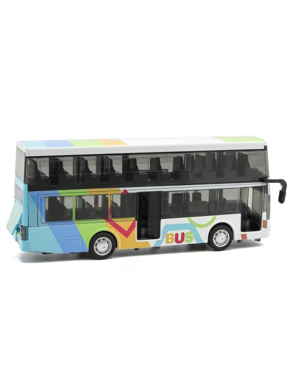 Металлический двухэтажный автобус Yeading 1:48 «Мультфильм BUS» 20 см. 6631А инерционный, свет, звук / Бело-голубой
