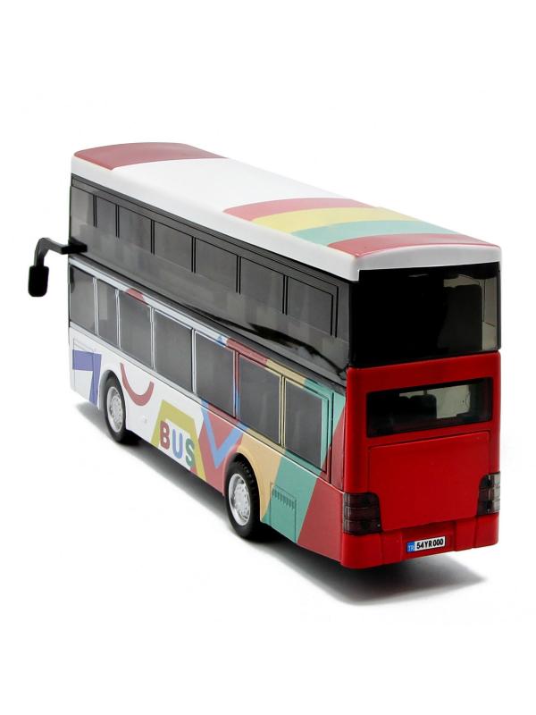 Металлический двухэтажный автобус Yeading 1:48 «Мультфильм BUS» 20 см. 6631А инерционный, свет, звук / Бело-красный