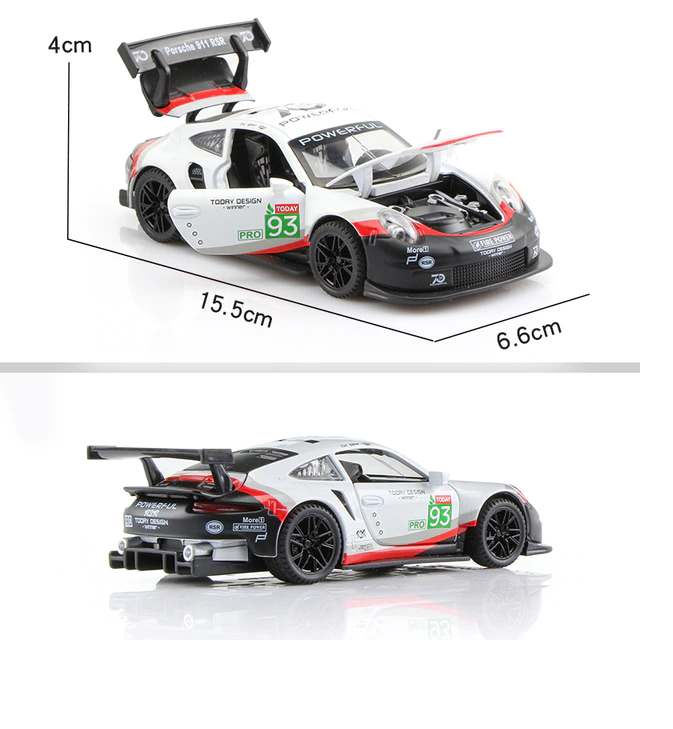 Металлическая машинка XHD 1:32 «Porsche 911 RSR» А3208, 15.5 см. инерционная, свет, звук / Бело-черный