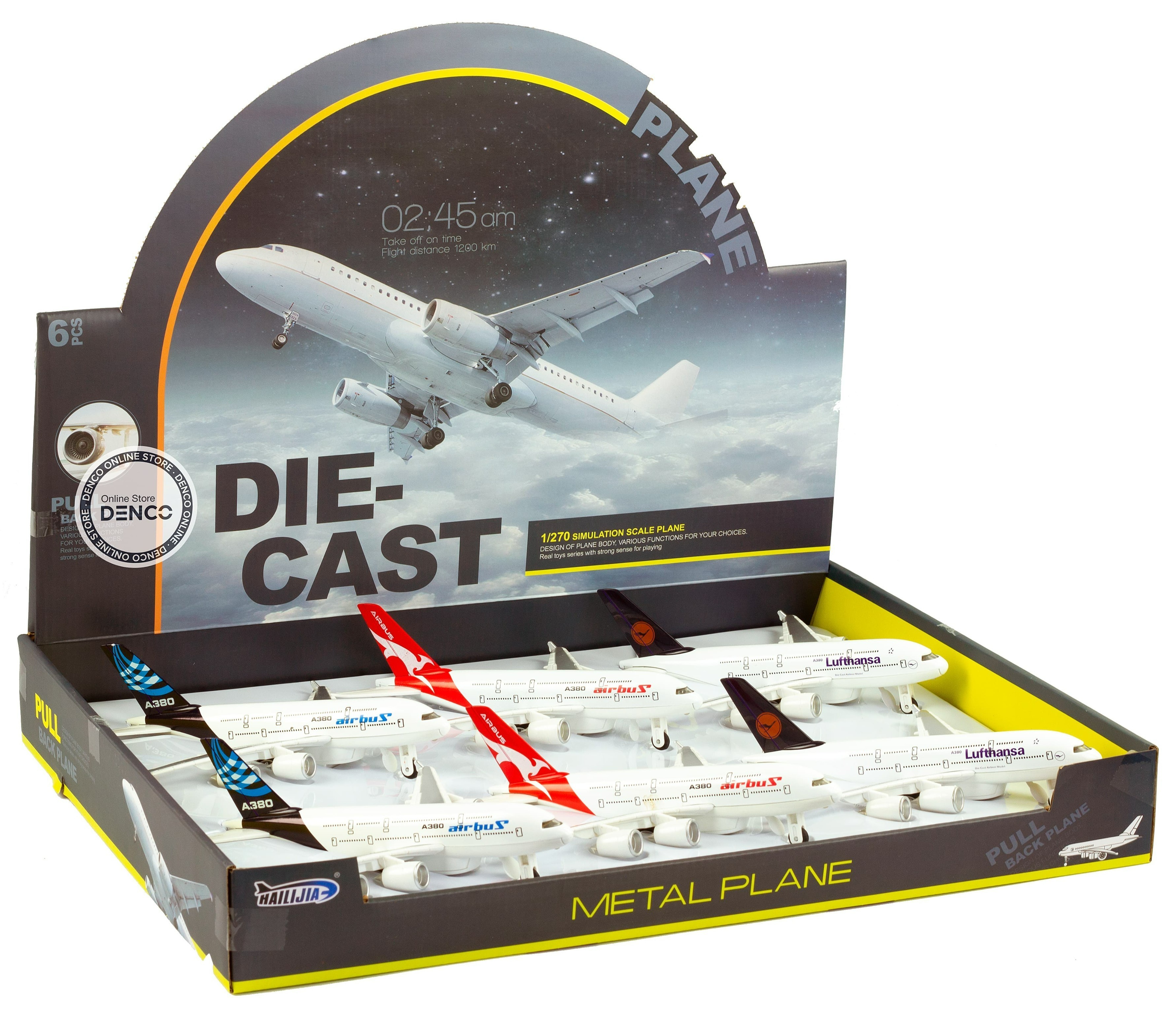 Металлический самолет 1:270 «Flying Tropeze / Airliner-A380» 22 см. H180-6, инерционный, свет, звук / Бело-синий