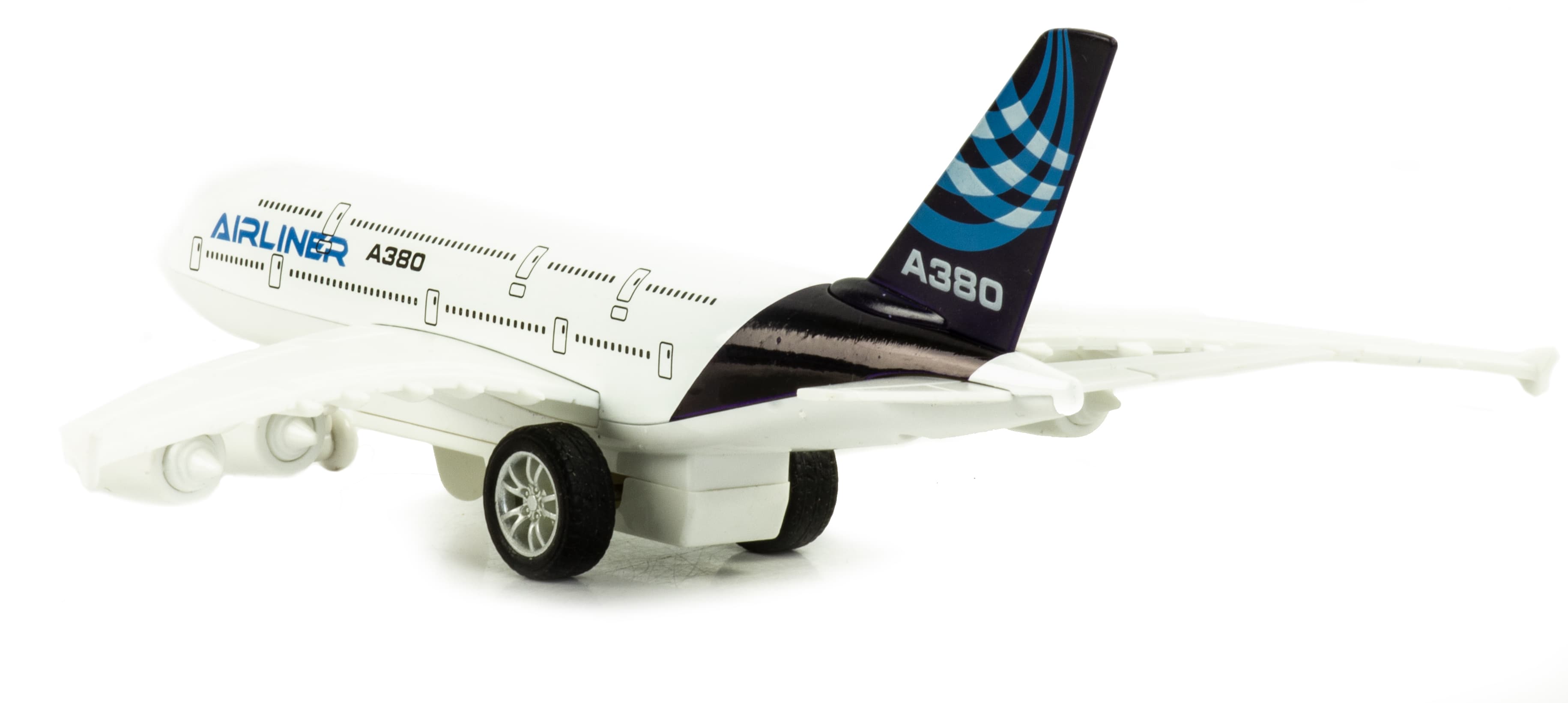 Металлический самолет 1:270 «Flying Tropeze / Airliner-A380» 22 см. H180-6, инерционный, свет, звук / Бело-синий