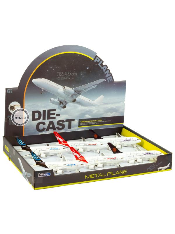 Металлический самолет 1:270 «Flying Tropeze / Airliner-A380» 22 см. H180-6, инерционный, свет, звук / Бело-синий