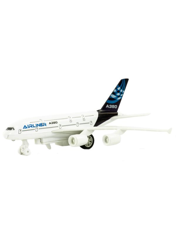 Металлический самолет 1:270 «Flying Tropeze / Airliner-A380» 22 см. H180-6, инерционный, свет, звук / Бело-синий