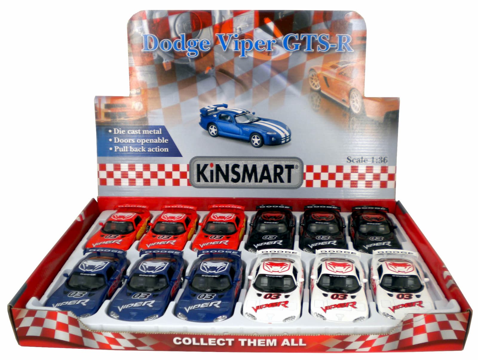 Металлическая машинка Kinsmart 1:36 «Dodge Viper GTS-R с принтом» KT5039DF, инерционная / Синий