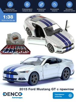 Металлическая машинка Kinsmart 1:38 «2015 Ford Mustang GT с принтом» KT5386DF инерционная / Серебристый