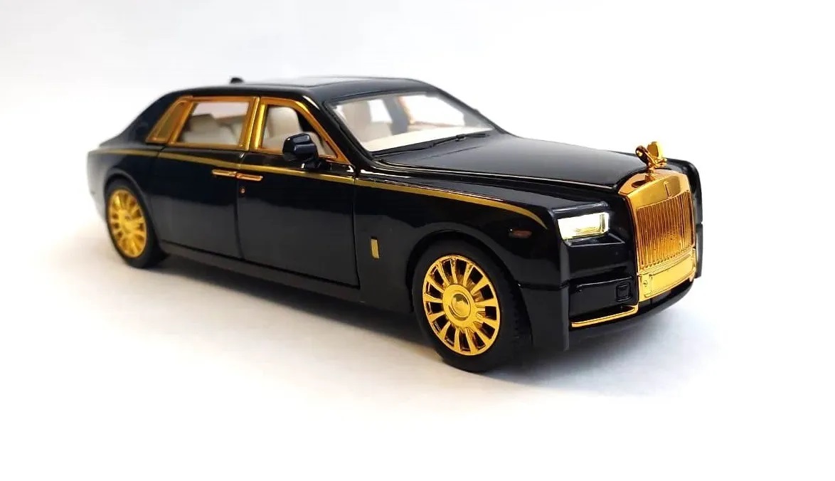 Металлическая машинка 1:24 «Rolls-Royce Phantom» А2403А, 21см., инерционная, свет и звук / Черно-золотой