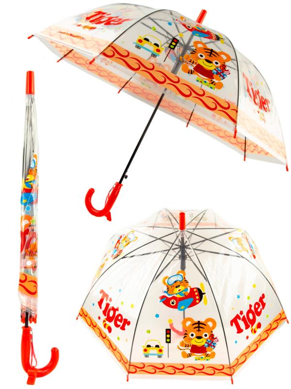 Зонтик детский «Тигр» прозрачный, со свистком, 65 см. 43411 / Красный