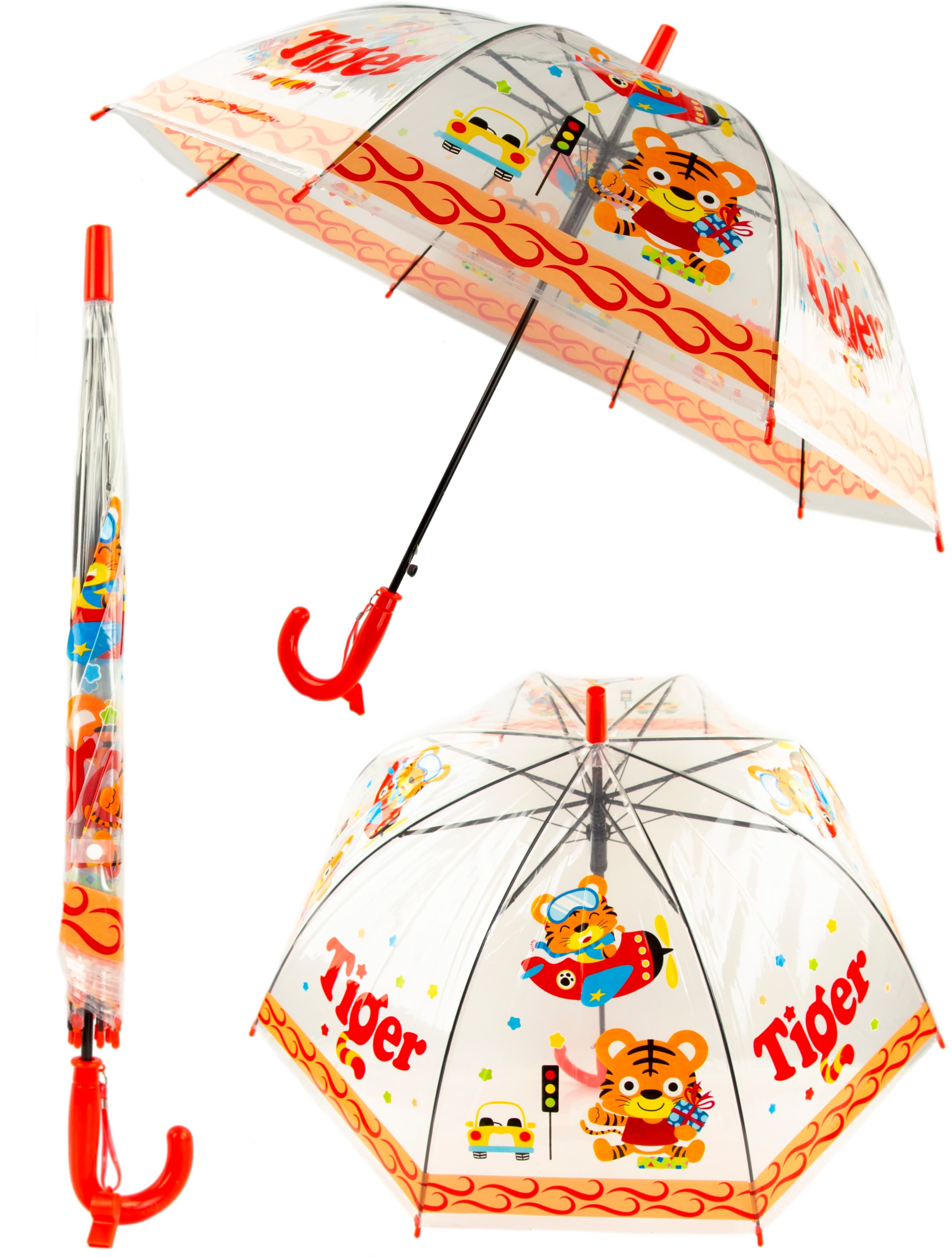 Зонтик детский «Тигр» прозрачный, со свистком, 65 см. 43411 / Красный