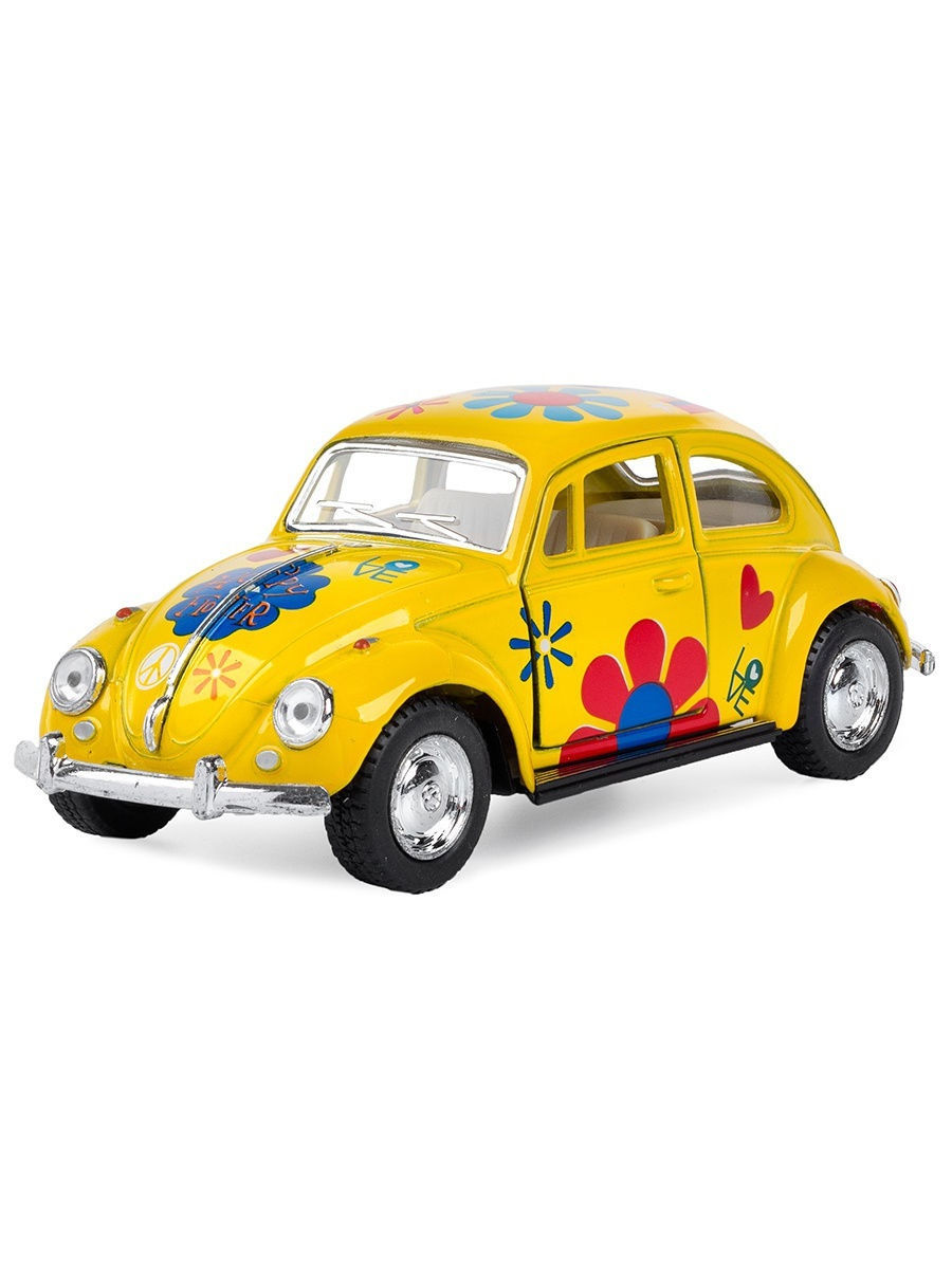 Металлическая машинка Kinsmart 1:32 «1967 Volkswagen Classical Beetle с принтом» KT5057DF, инерционная / Желтый