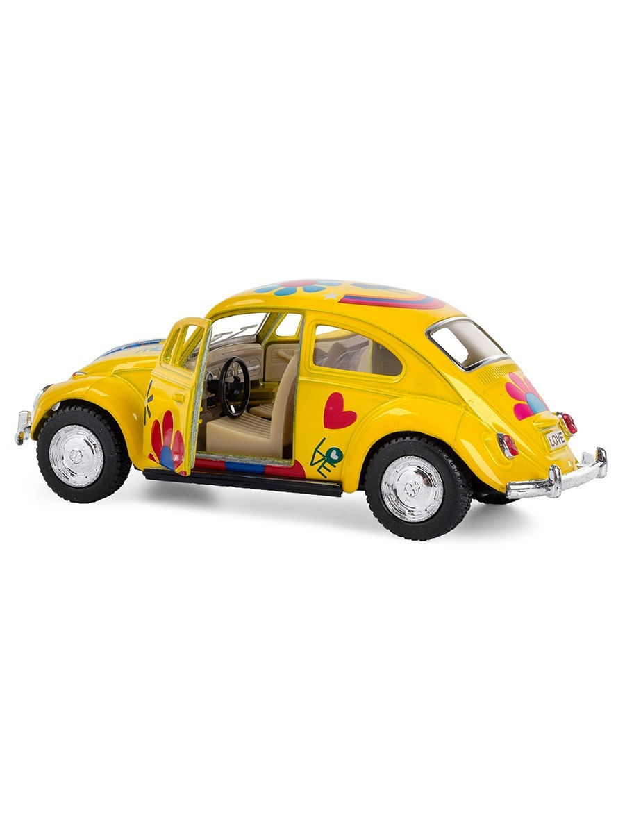 Металлическая машинка Kinsmart 1:32 «1967 Volkswagen Classical Beetle с принтом» KT5057DF, инерционная / Желтый