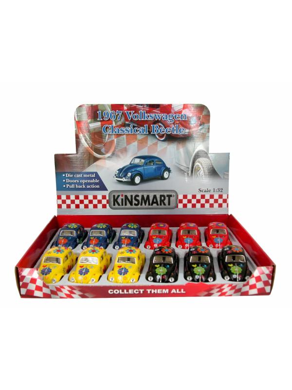 Металлическая машинка Kinsmart 1:32 «1967 Volkswagen Classical Beetle с принтом» KT5057DF, инерционная / Желтый