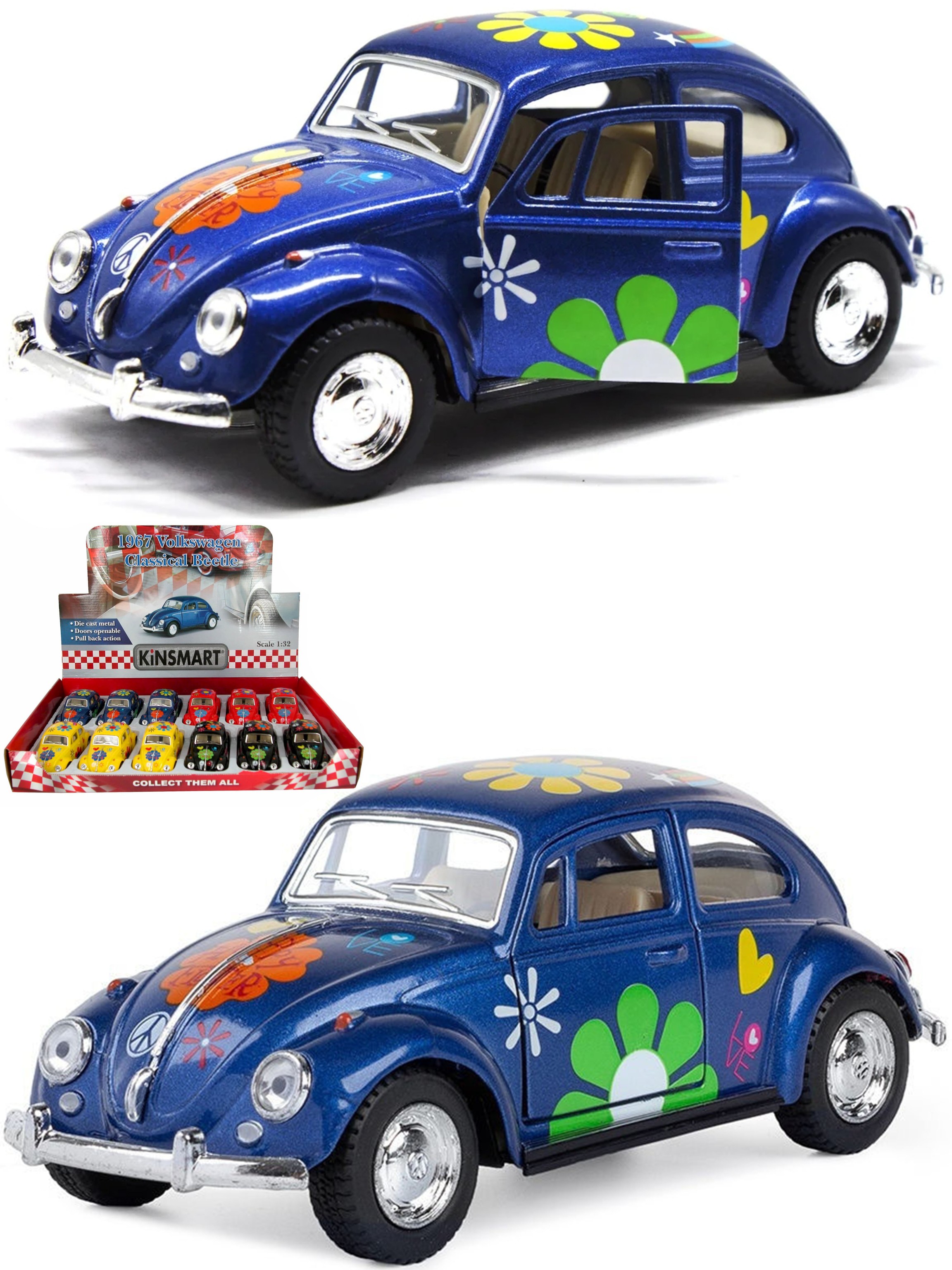 Металлическая машинка Kinsmart 1:32 «1967 Volkswagen Classical Beetle с принтом» KT5057DF, инерционная / Синий