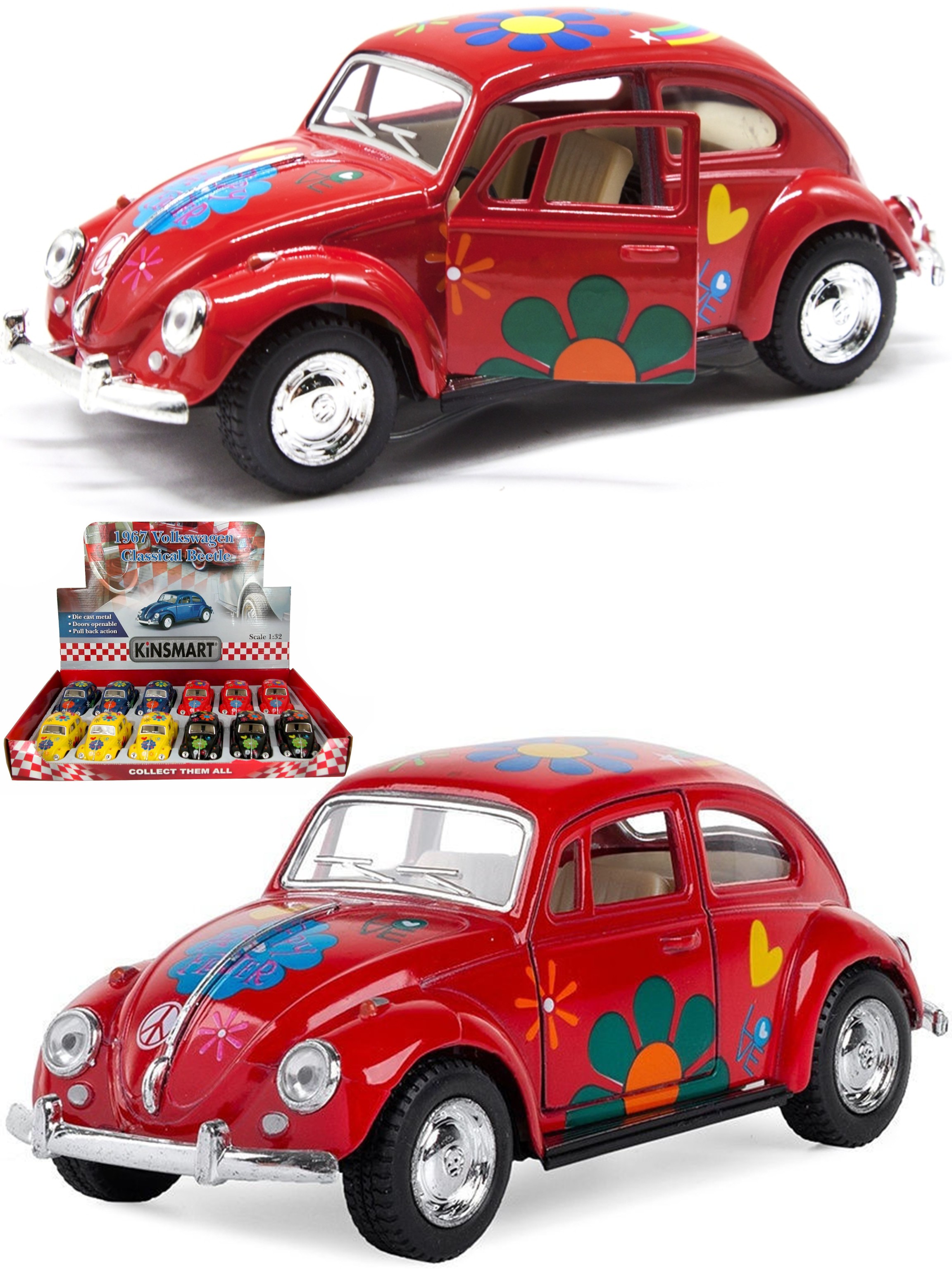 Металлическая машинка Kinsmart 1:32 «1967 Volkswagen Classical Beetle с принтом» KT5057DF, инерционная / Красный