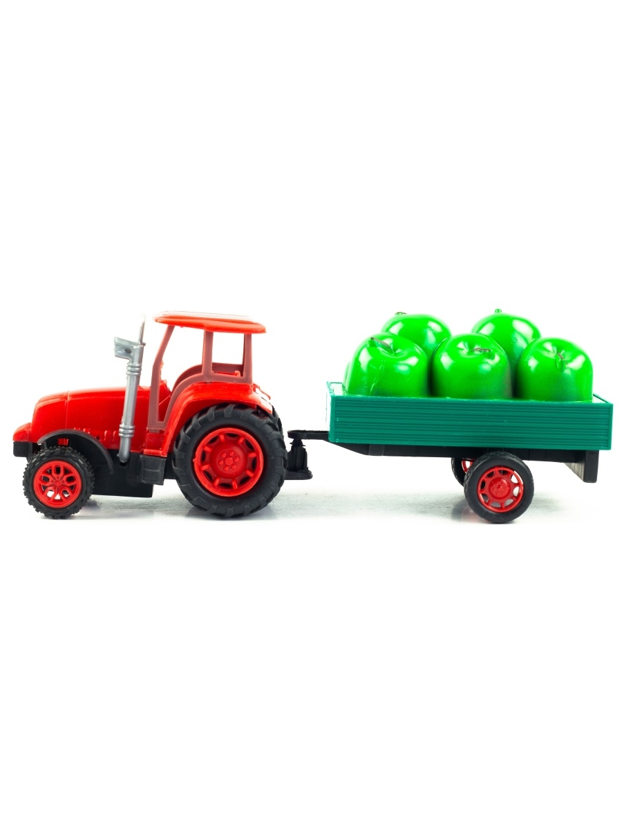 Машинка пластиковая «Трактор сельскохозяйственным с прицепом (Яблоки)» 0488-43-44, 27 см., инерционная / Красный
