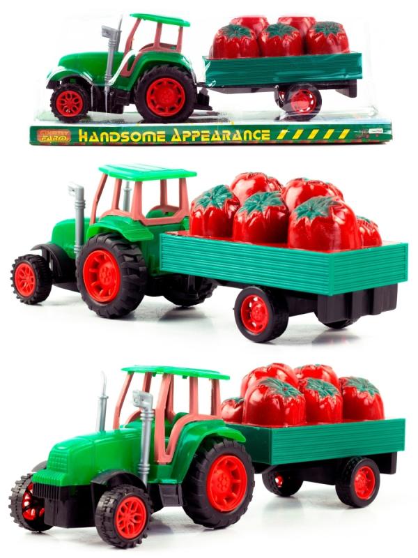Машинка пластиковая «Трактор сельскохозяйственным с прицепом (Помидоры)» 0488-43-44, 27 см., инерционная / Зеленый