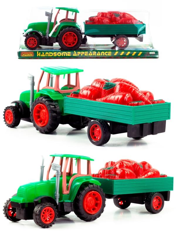 Машинка пластиковая «Трактор сельскохозяйственным с прицепом (Морковь)» 0488-43-44, 27 см., инерционная / Зеленый