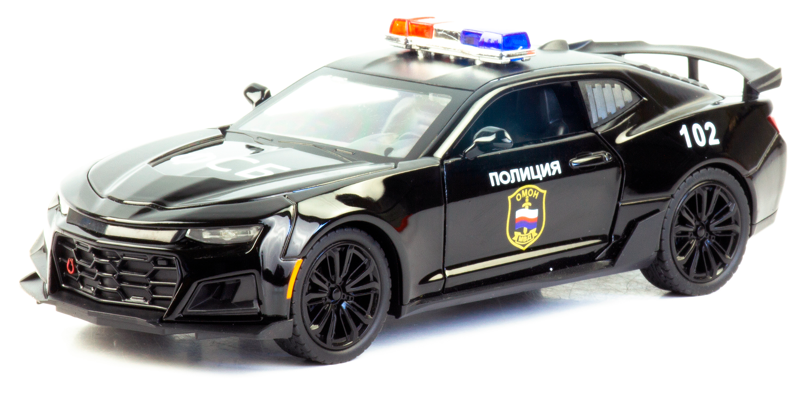 Металлическая машинка Che Zhi 1:24 «Chevrolet Camaro: Служебная» CZ126J, инерционная, свет, звук / Черный