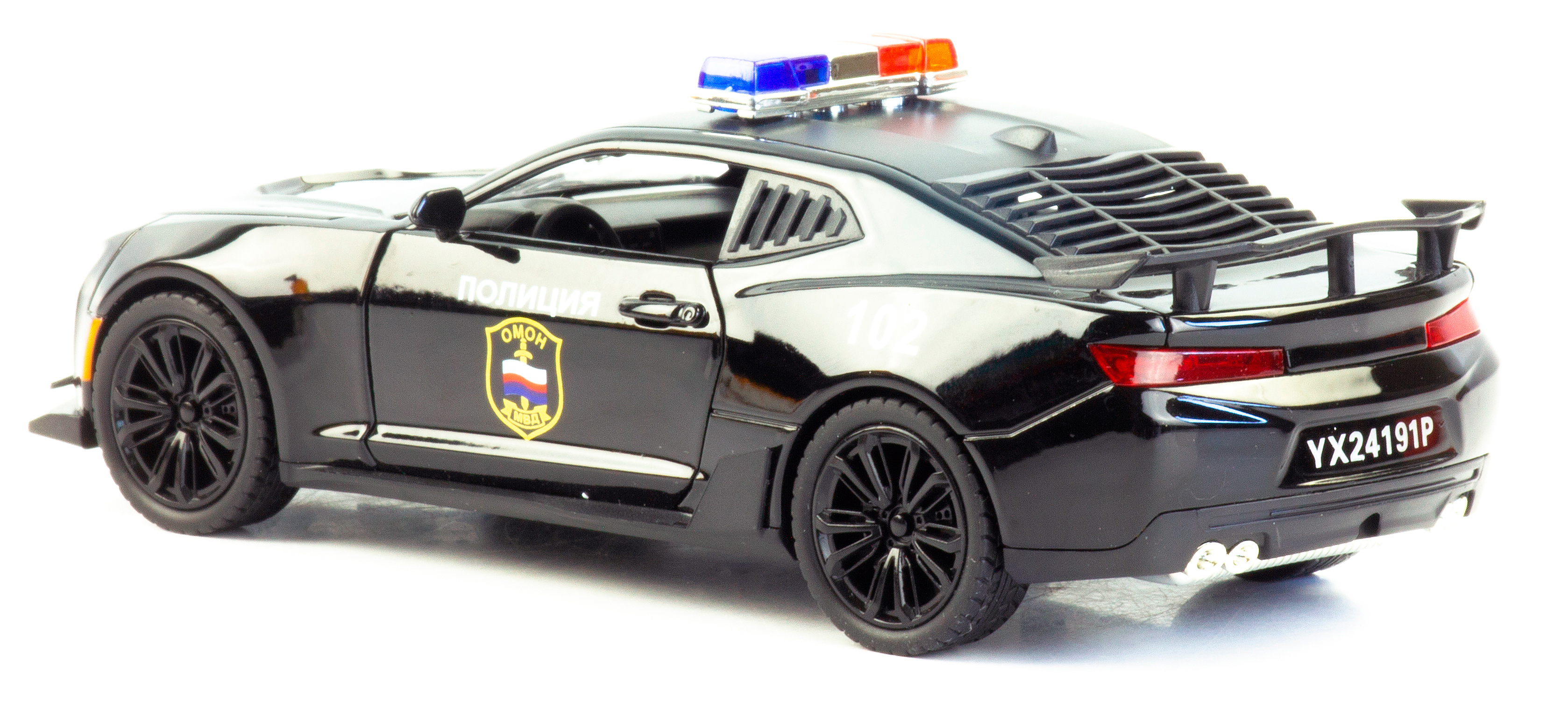 Металлическая машинка Che Zhi 1:24 «Chevrolet Camaro: Служебная» CZ126J, инерционная, свет, звук / Черный