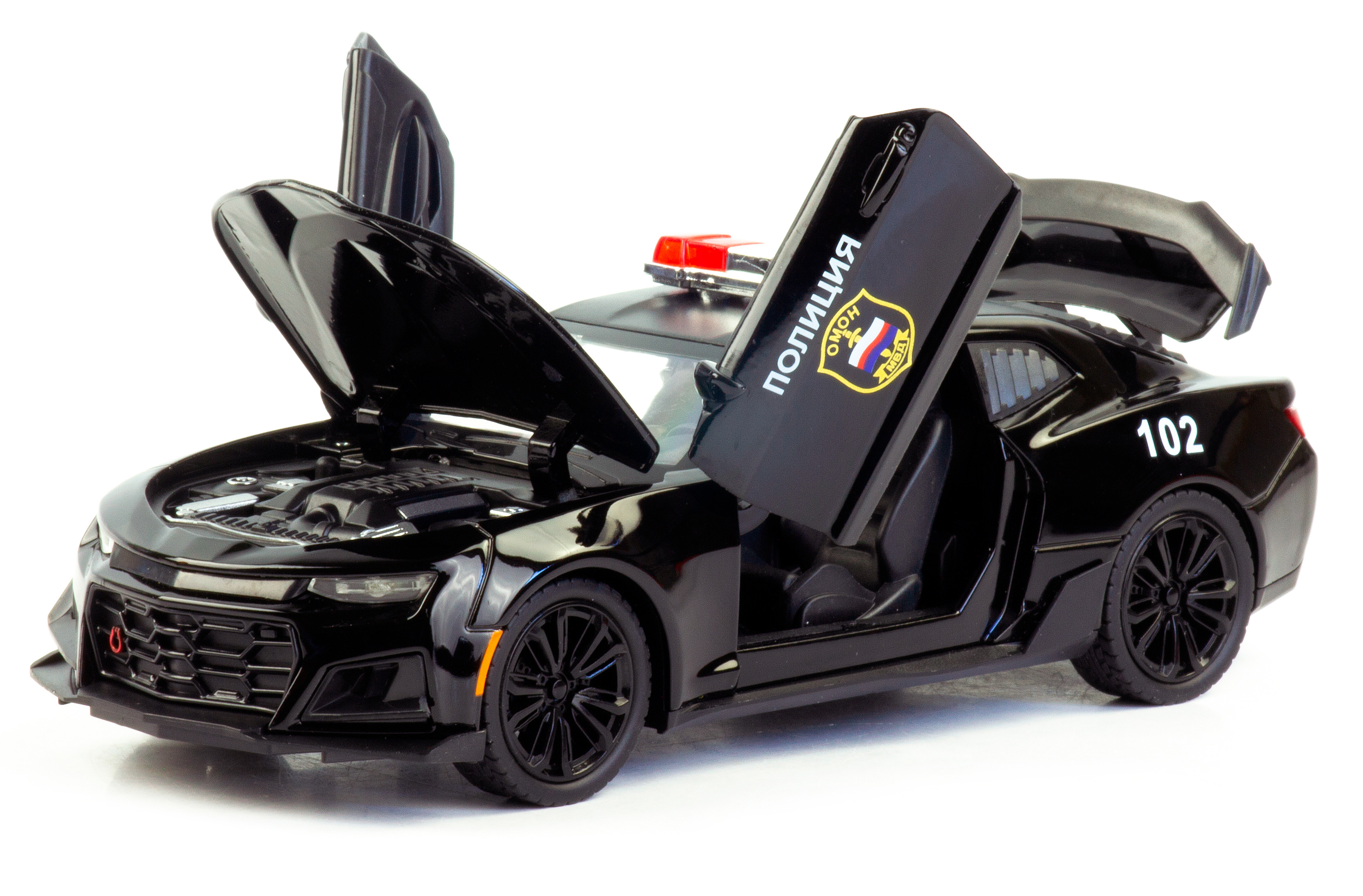 Металлическая машинка Che Zhi 1:24 «Chevrolet Camaro: Служебная» CZ126J, инерционная, свет, звук / Черный