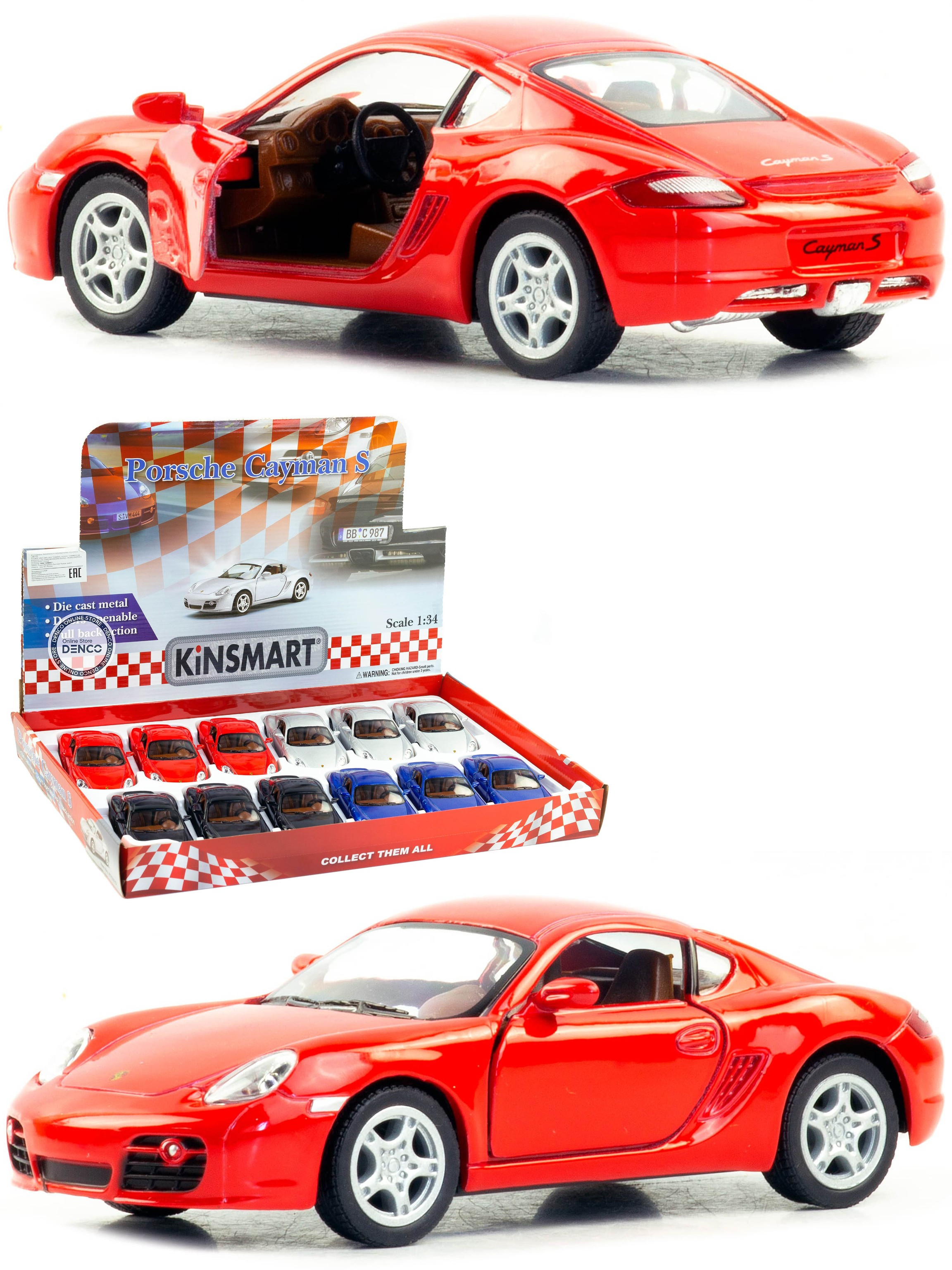 Металлическая машинка Kinsmart 1:34 «Porsche Cayman S» KT5307D, 12,5 см., инерционная / Красный