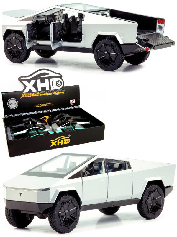 Металлическая машинка XHD 1:24 «Tesla Cybertruck» HB2405, 23 см., инерционная, свет, звук / Серый