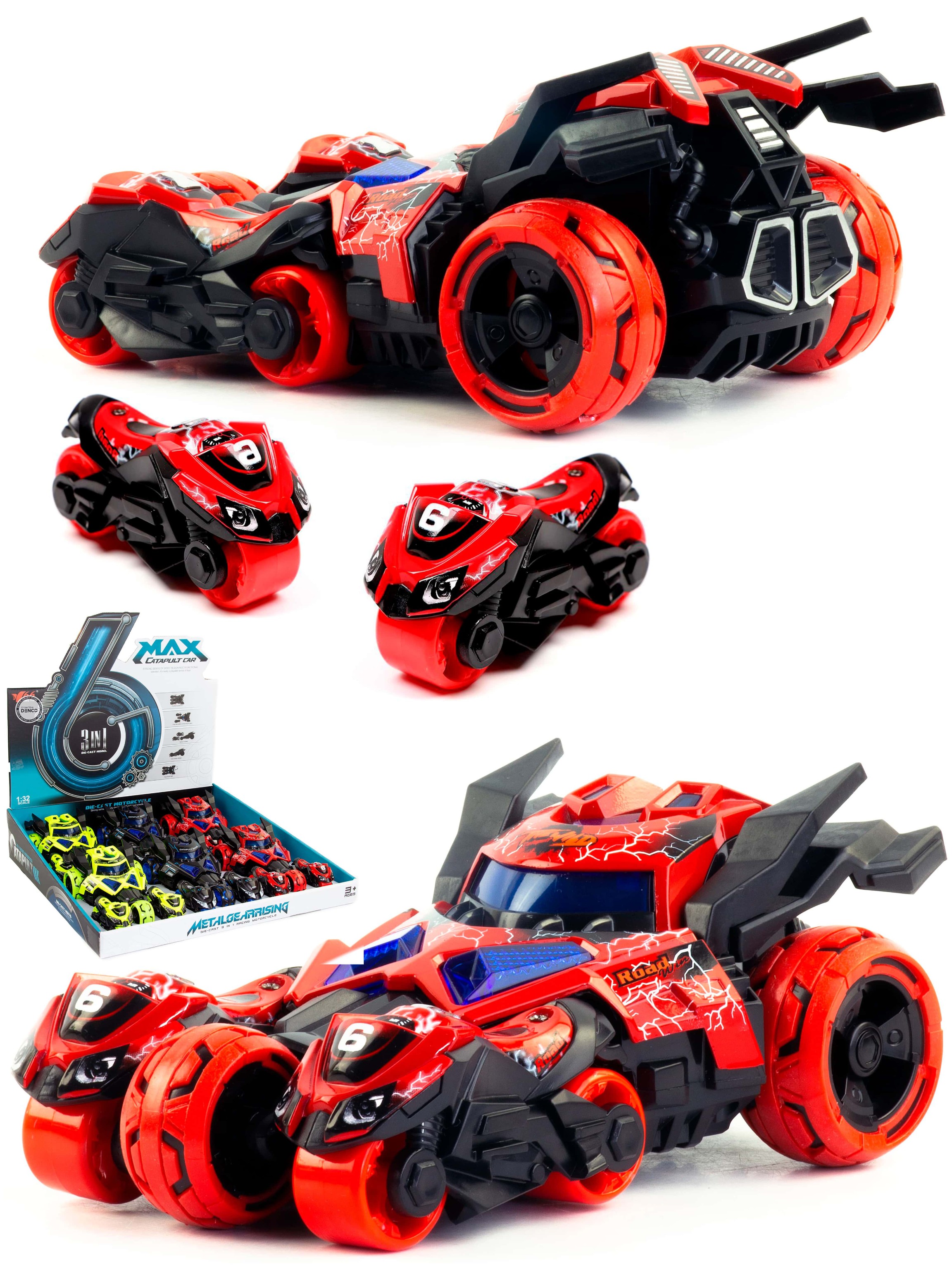 Металлическая машина-мотоцикл 1:32 «Бэтмобиль» 3 в 1 MY66-M2221 18 см. инерционный, свет, звук / Красный