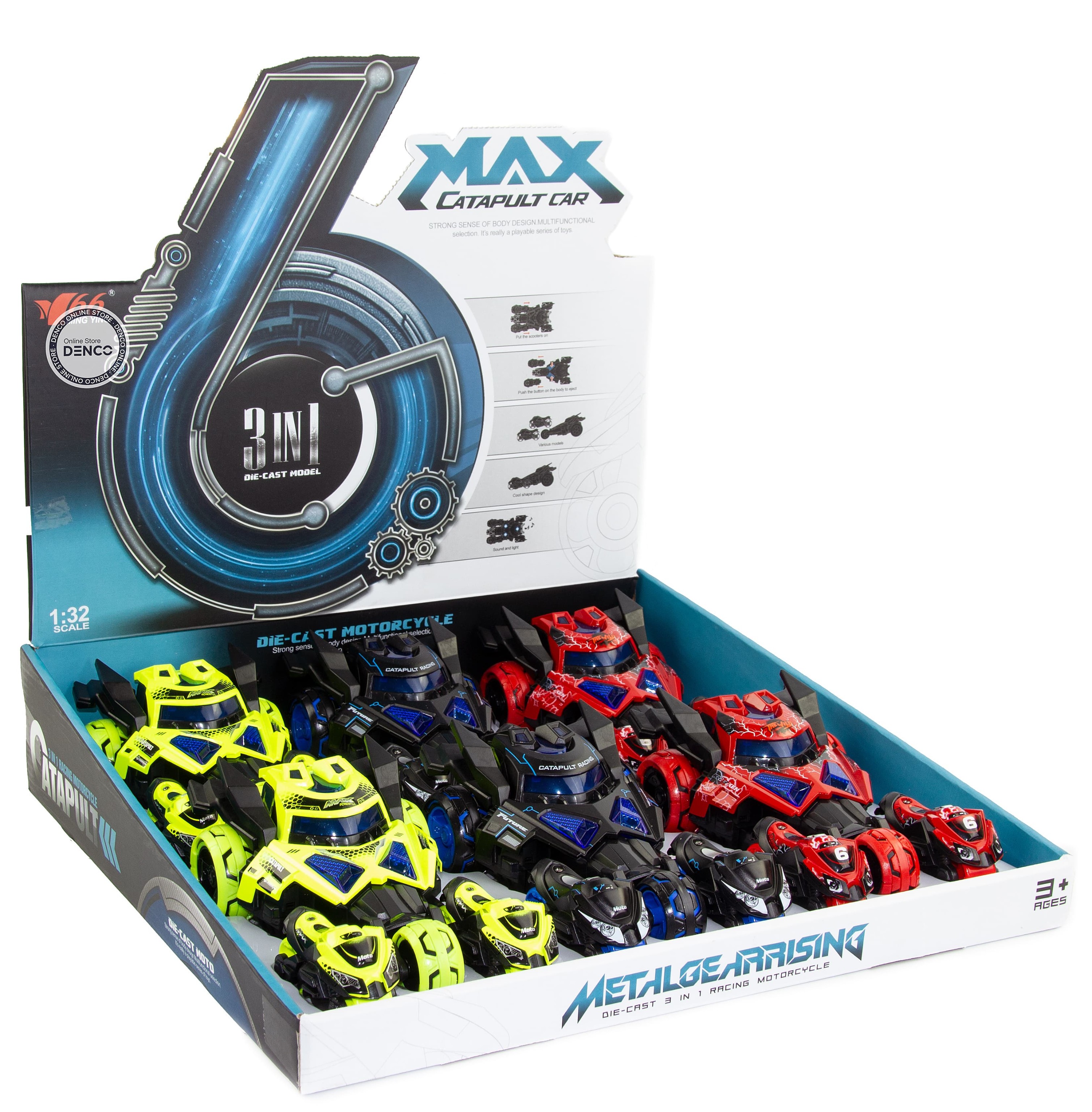 Металлическая машина-мотоцикл 1:32 «Бэтмобиль» 3 в 1 MY66-M2221 18 см. инерционный, свет, звук / Красный