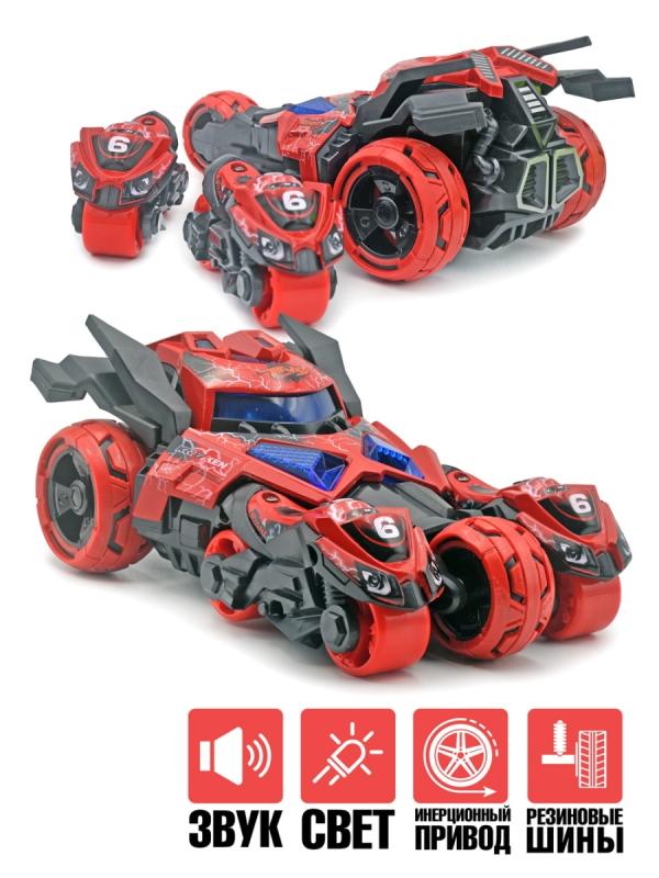 Металлическая машина-мотоцикл 1:32 «Бэтмобиль» 3 в 1 MY66-M2221 18 см. инерционный, свет, звук / Красный
