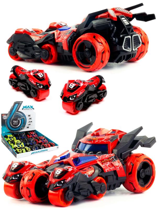 Металлическая машина-мотоцикл 1:32 «Бэтмобиль» 3 в 1 MY66-M2221 18 см. инерционный, свет, звук / Красный