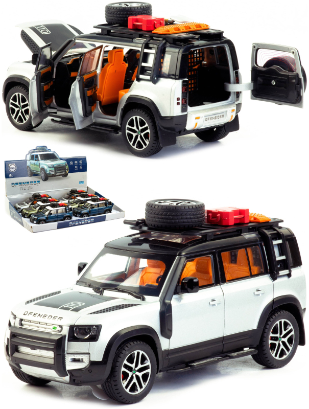 Металлическая машинка Minyore 1:22 «Land Rover Defender 110SH» 0783-346, 22 см., звук, свет, инерционная / Серебристый