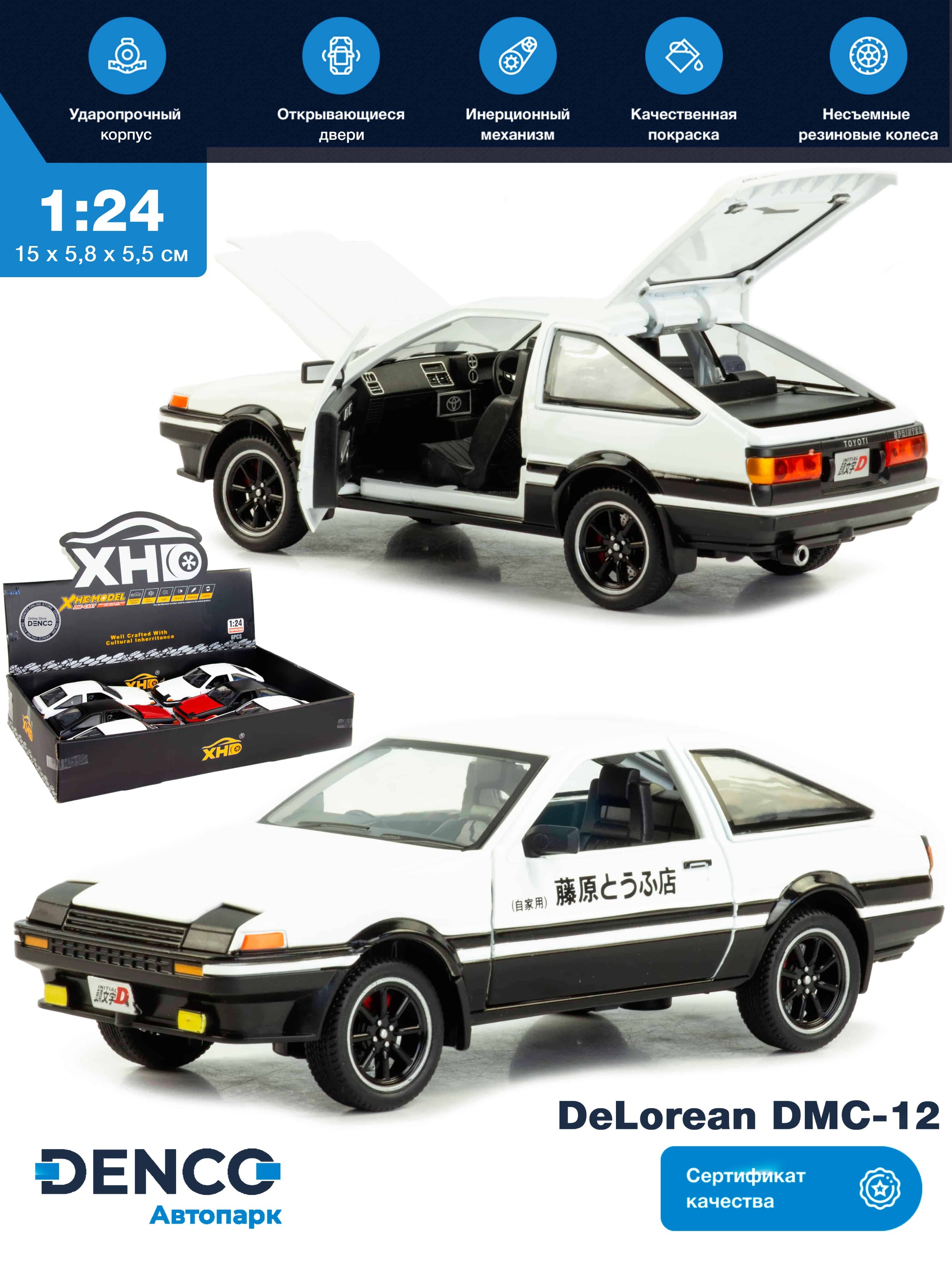 Металлическая машинка XHD 1:24 «DeLorean DMC-12» 2404, 15 см. инерционная,  свет, звук / Белый