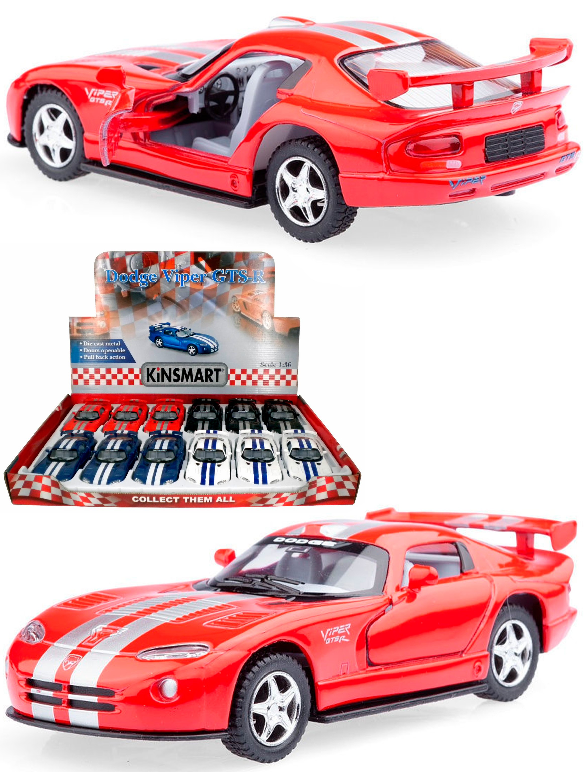 Металлическая машинка Kinsmart 1:36 «Dodge Viper GTS-R» KT5039D, инерционная / Красный