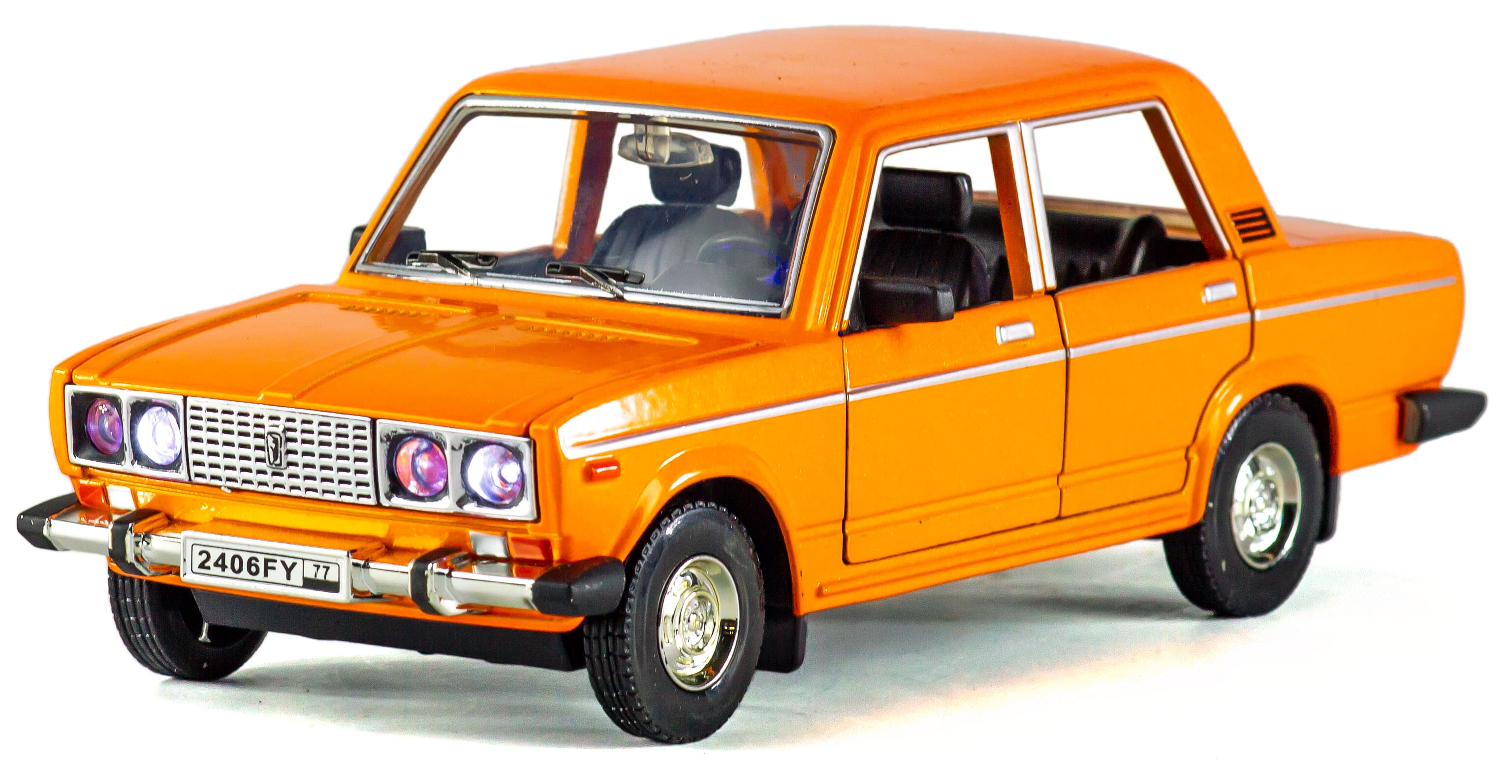 Машинка металлическая Kings Toys 1:24 «ВАЗ-2106 Жигули» FY2406-6D, 18 см., инерционная, звук, свет / Оранжевый