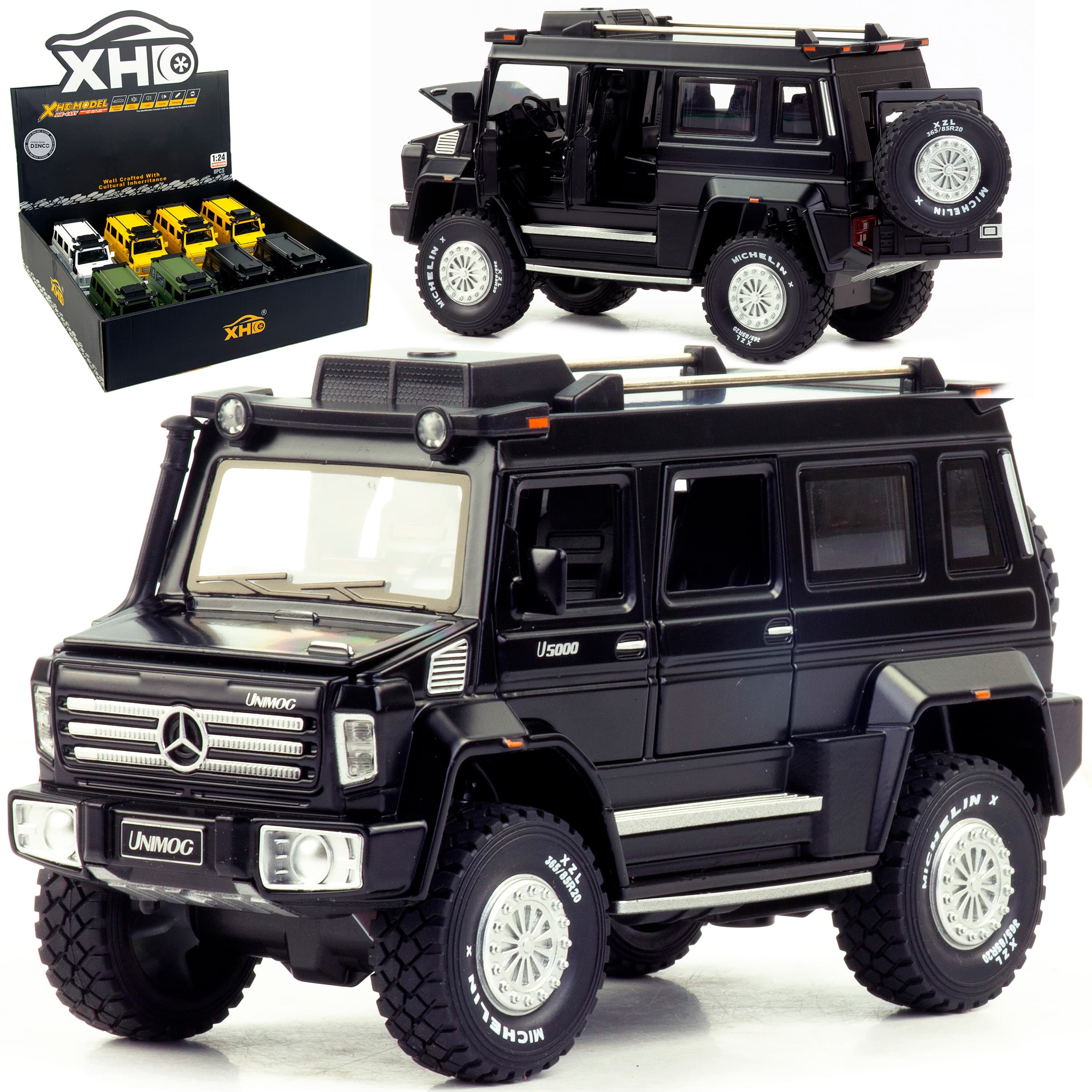 Металлическая машинка XHD 1:24 «Mercedes Benz Unimog U5000» B3204, 20 см.,  инерционная, свет, звук / Черный