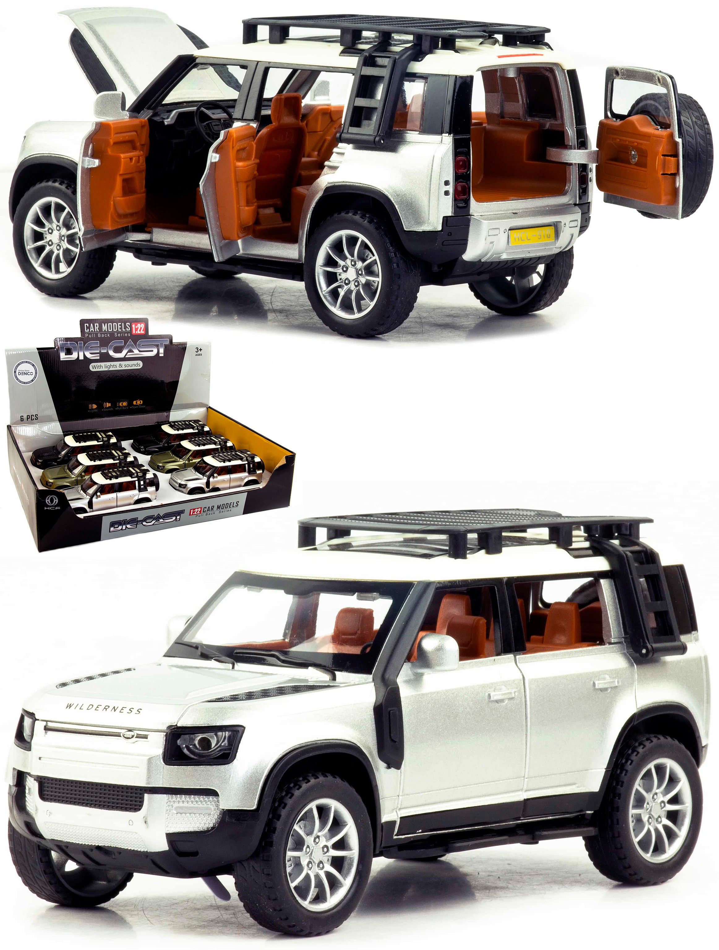 Металлическая машинка HCF 1:22 «Land Rover Wilderness» HCL-910A, 20 см., инерционная, свет, звук / Серебристый