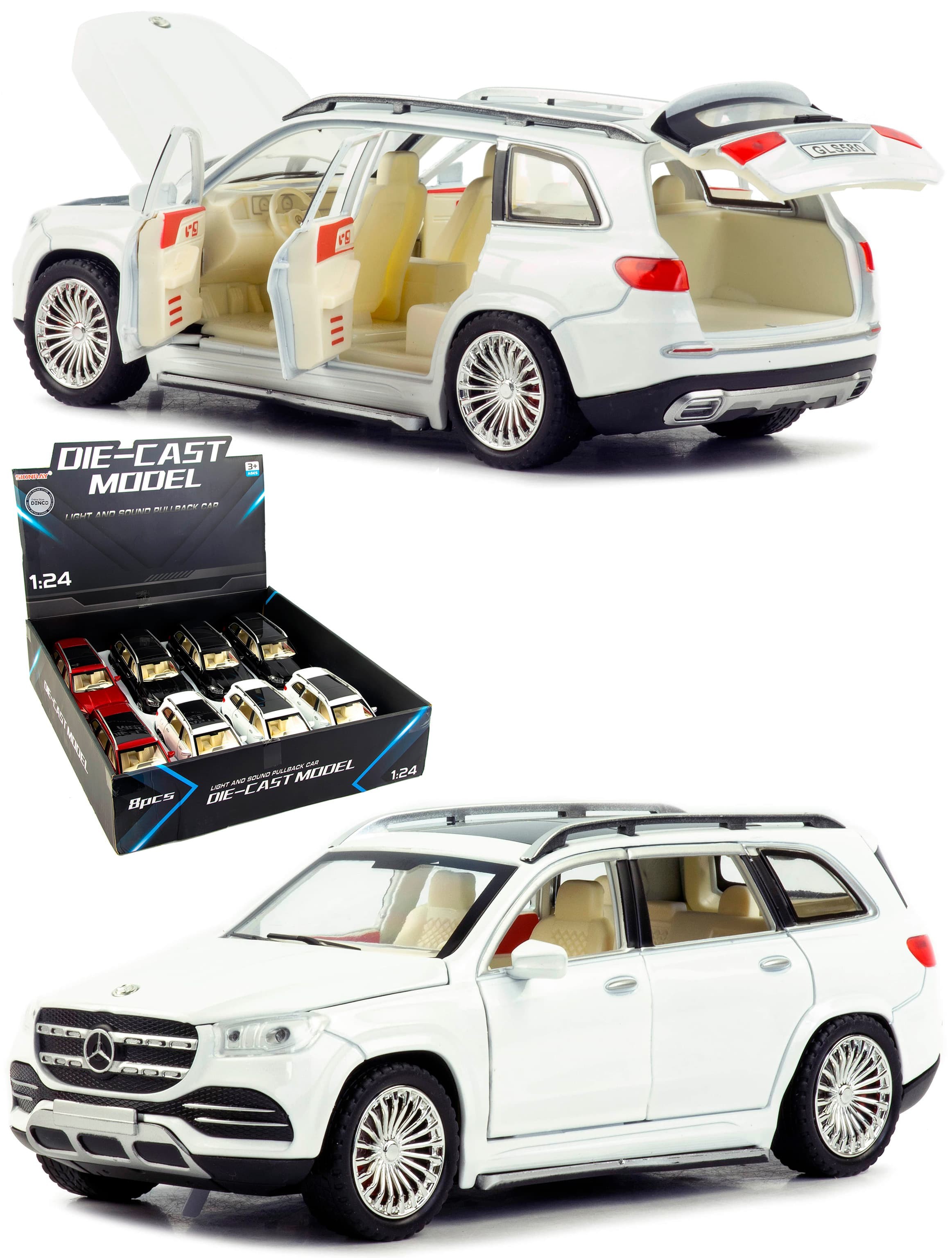 Металлическая машинка SIONRAY 1:24 «Mercedes-Benz GLS 580» SR-2407A, 22 см., инерционная, свет, звук / Белый