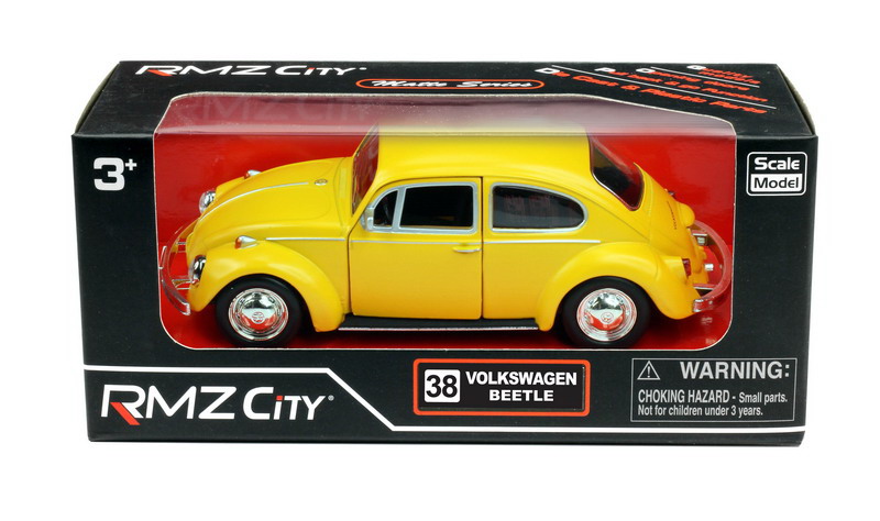 Машинка металлическая Uni-Fortune RMZ City 1:32 Volkswagen Beetle 1967, инерционная, желтый матовый цвет, 16.5 x 7.5 x 7 см